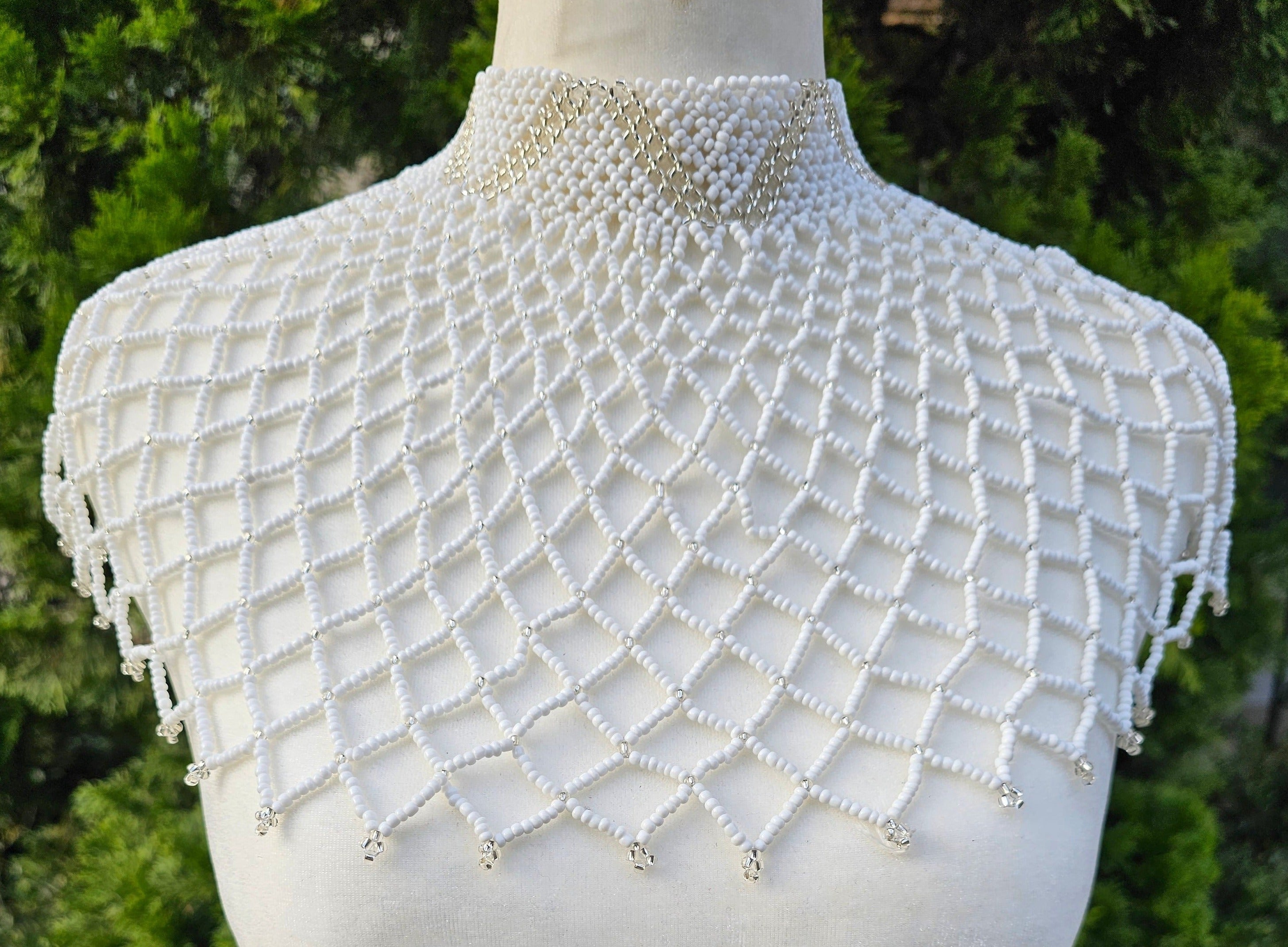 High Neck White & Clear Beaded Collar Necklace