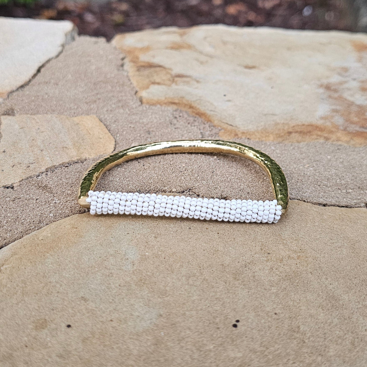 Hammered White Beaded U Brass Bracelet