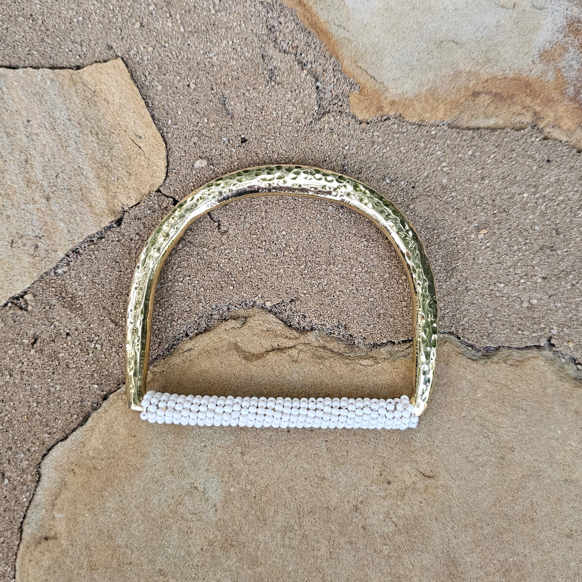 Hammered White Beaded U Brass Bracelet