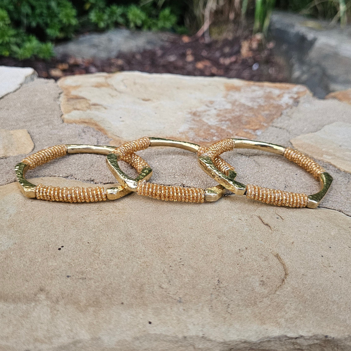 Hammered Gold Beaded Hexagon Brass Bracelet