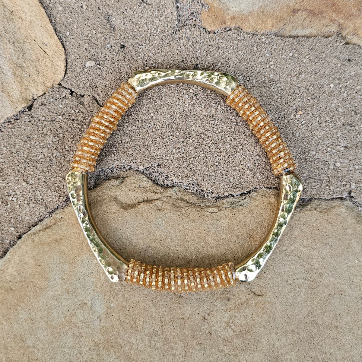 Hammered Gold Beaded Hexagon Brass Bracelet