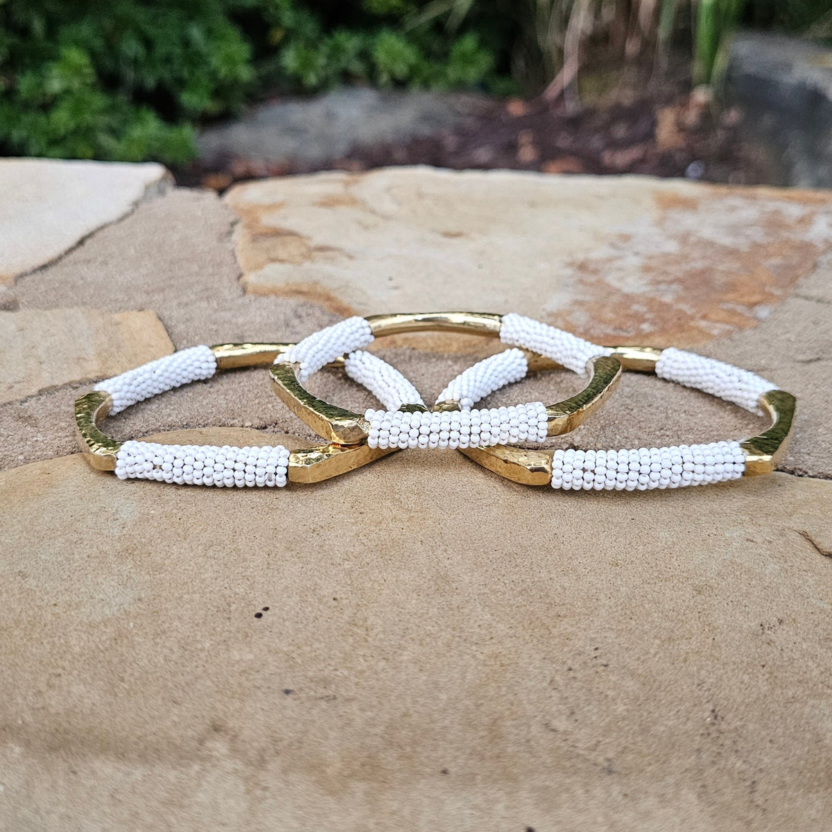 Hammered White Beaded Hexagon Brass Bracelet