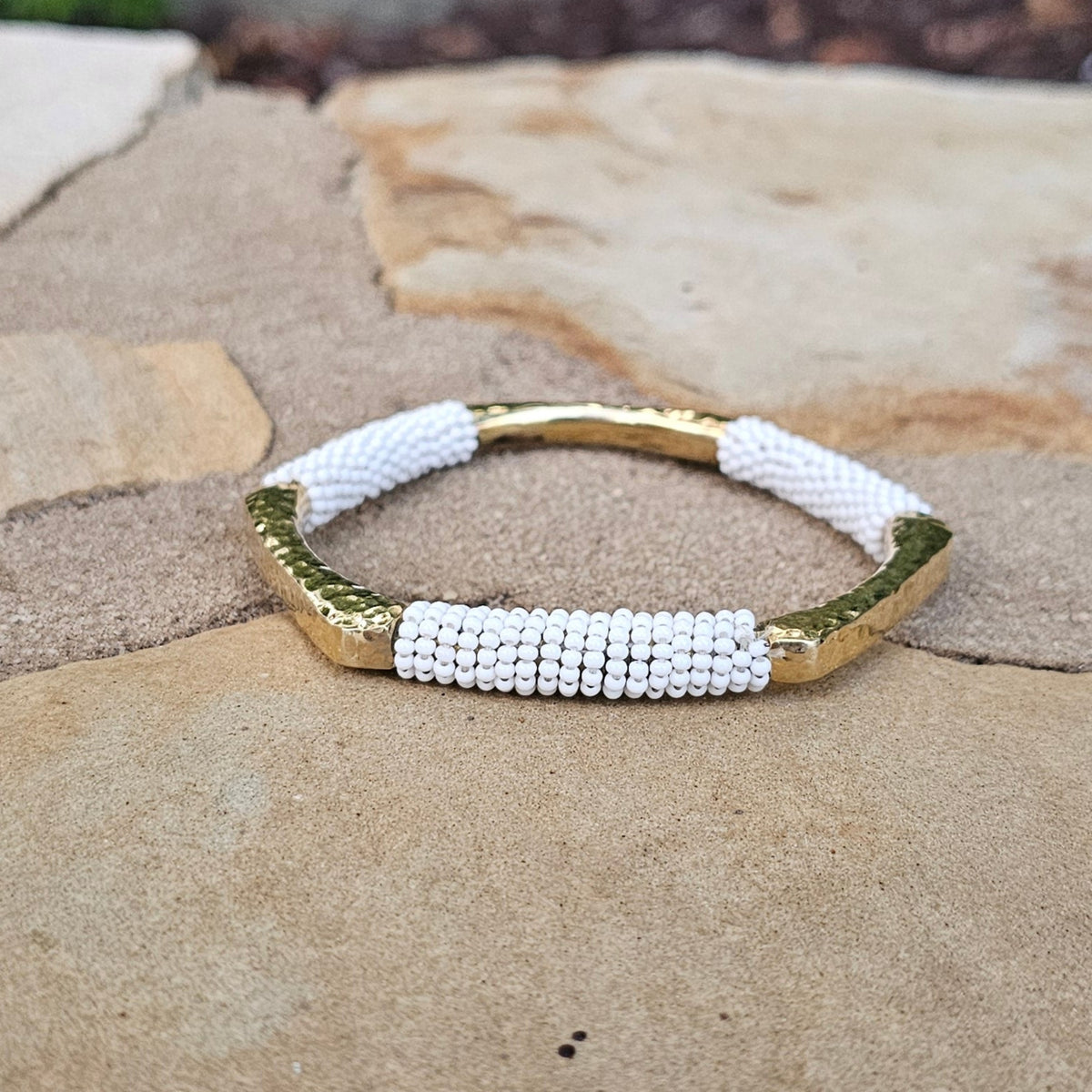 Hammered White Beaded Hexagon Brass Bracelet