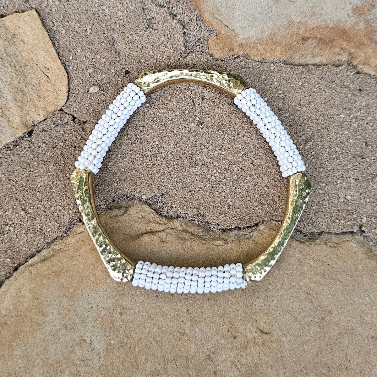 Hammered White Beaded Hexagon Brass Bracelet