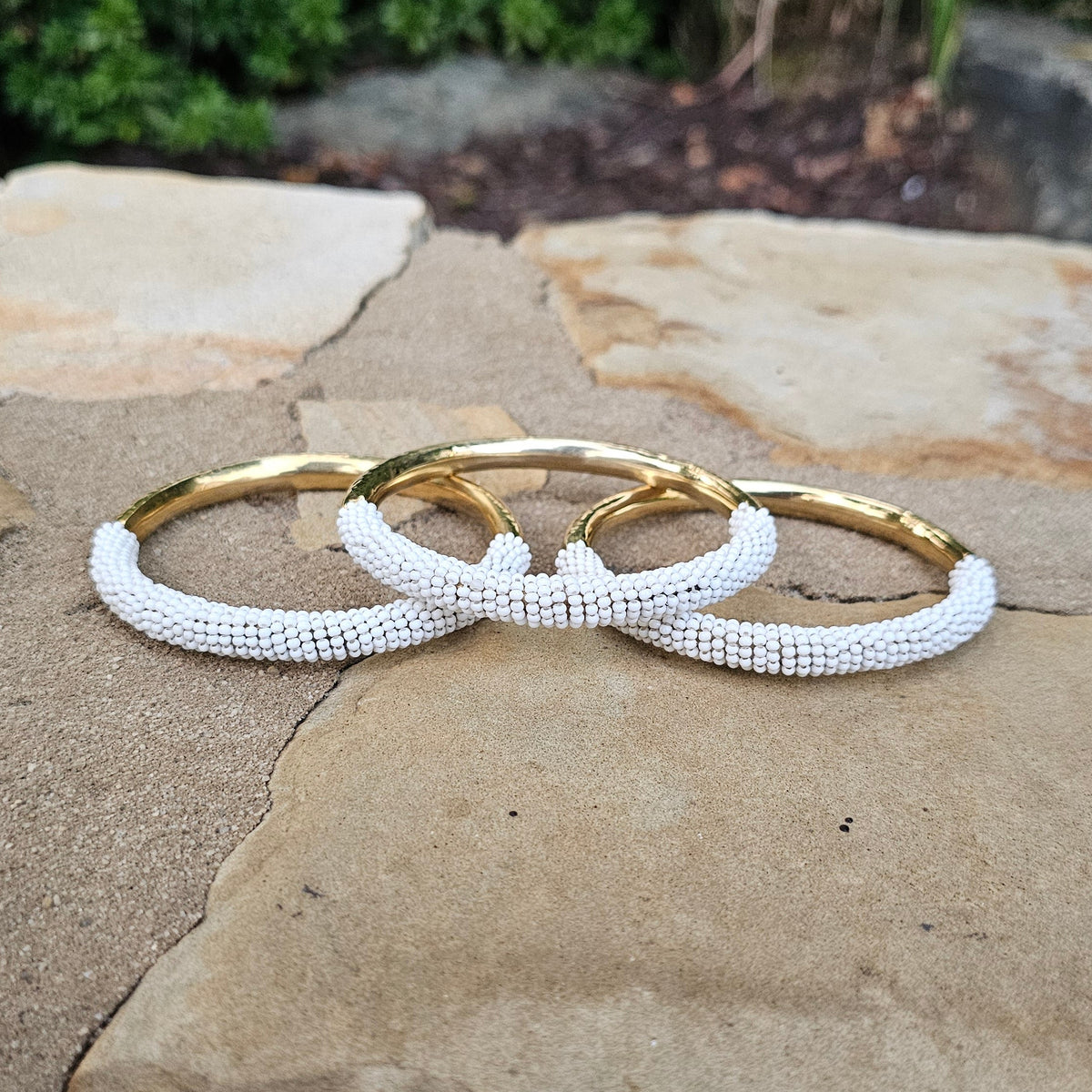 Hammered Half White Beaded Brass Bangle