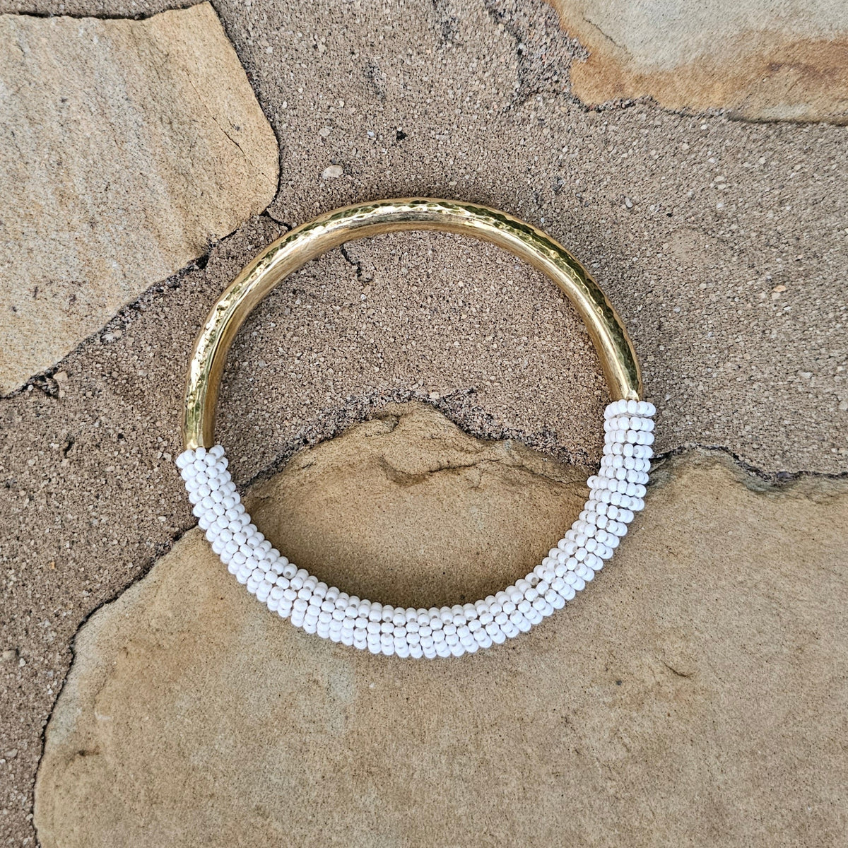 Hammered Half White Beaded Brass Bangle