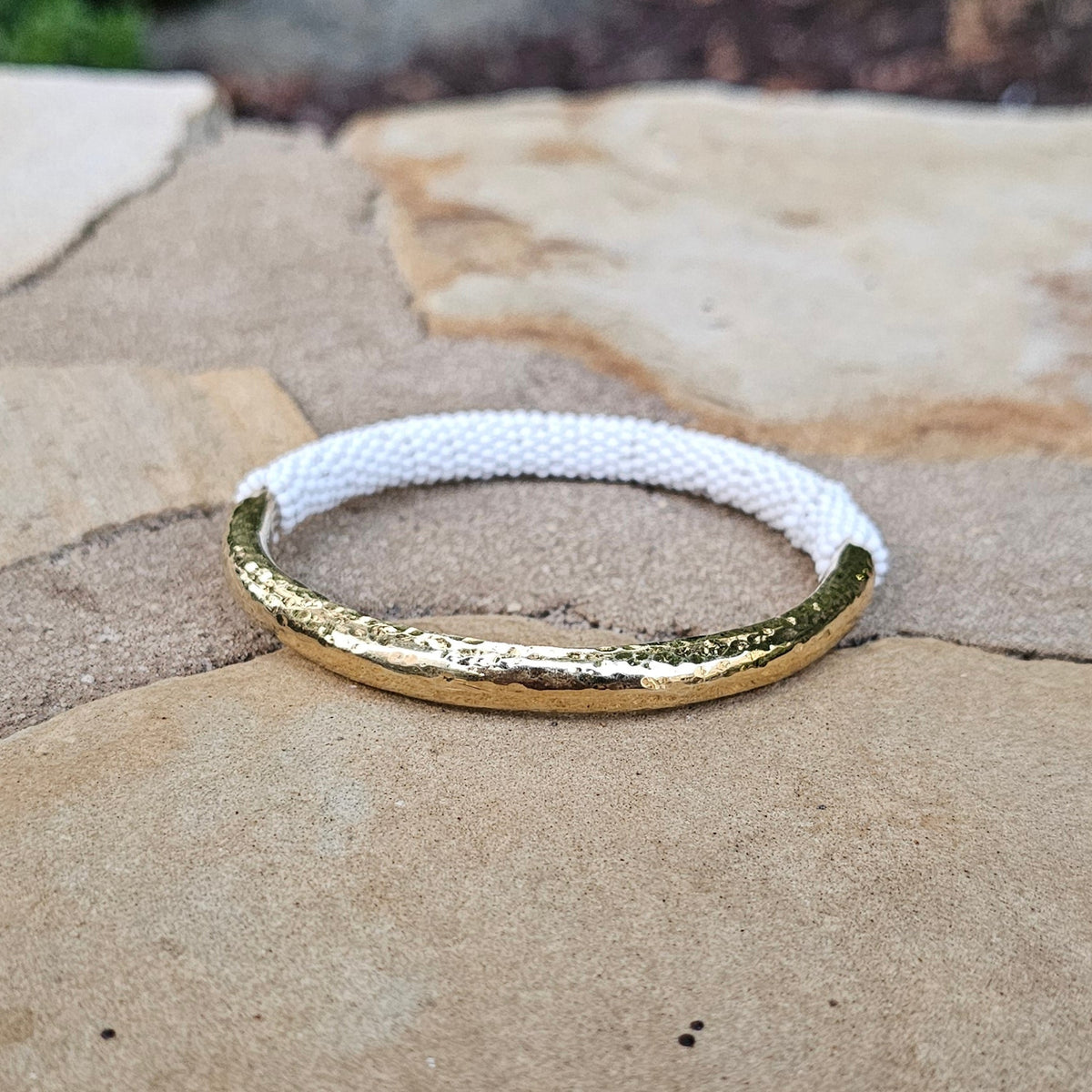 Hammered Half White Beaded Brass Bangle