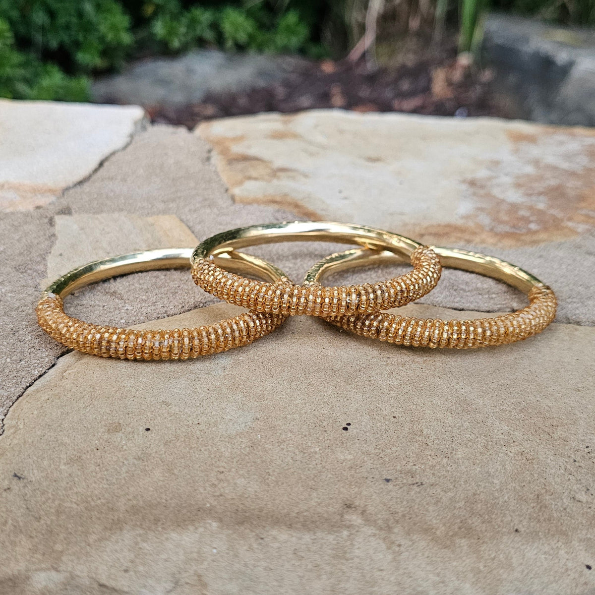 Hammered Half Gold Beaded Brass Bangle