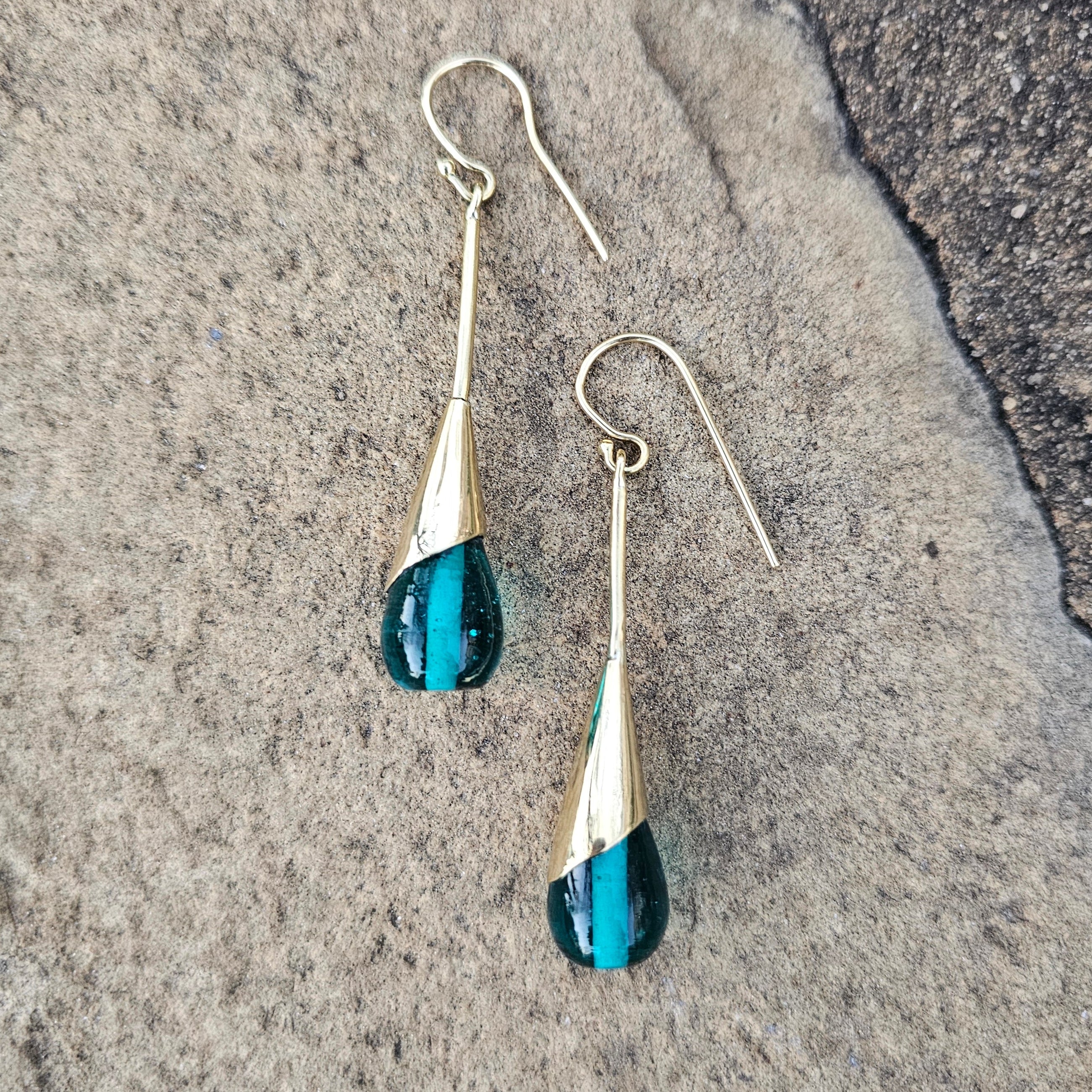 Blue Glass & Brass Raindrop Threader Earrings