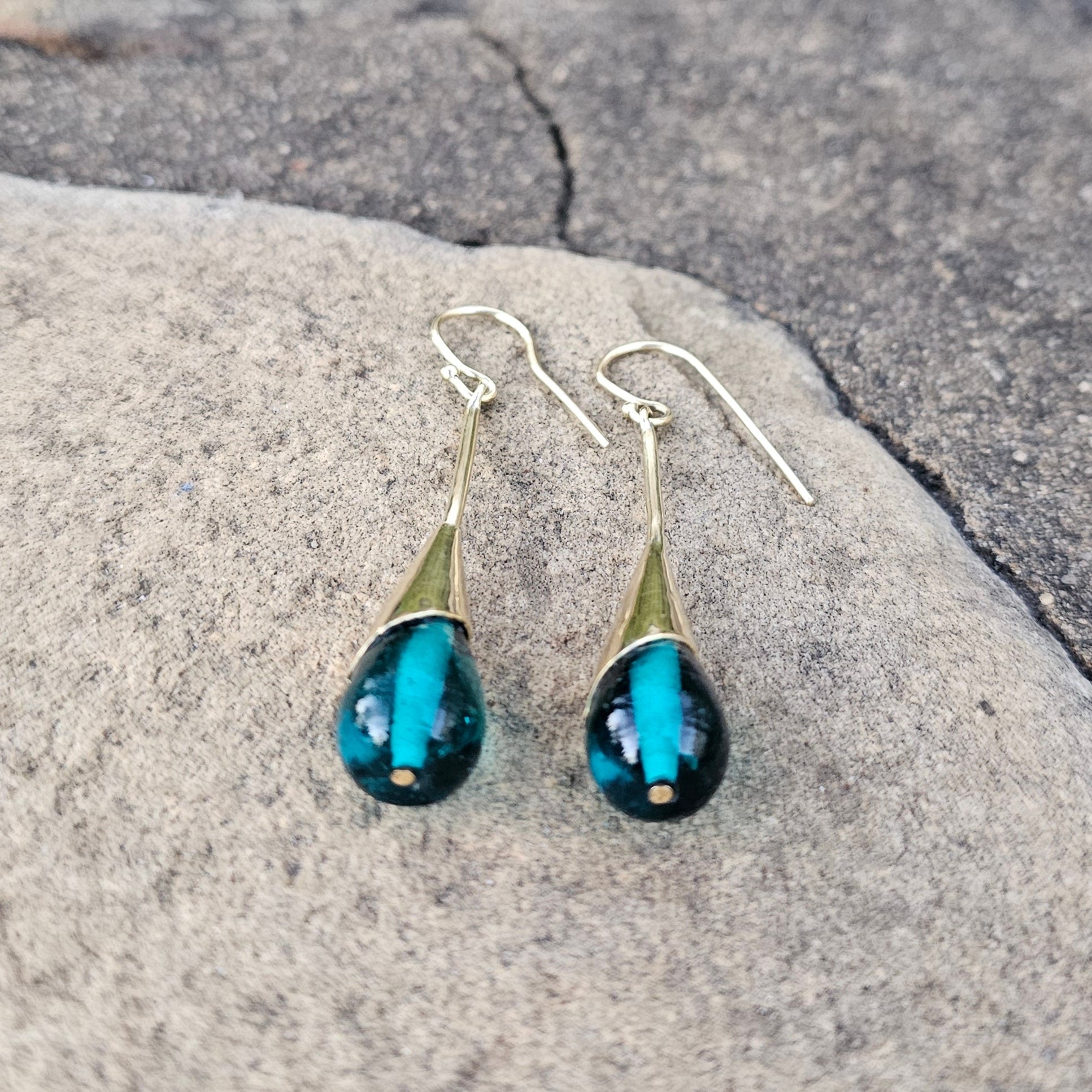 Blue Glass & Brass Raindrop Threader Earrings