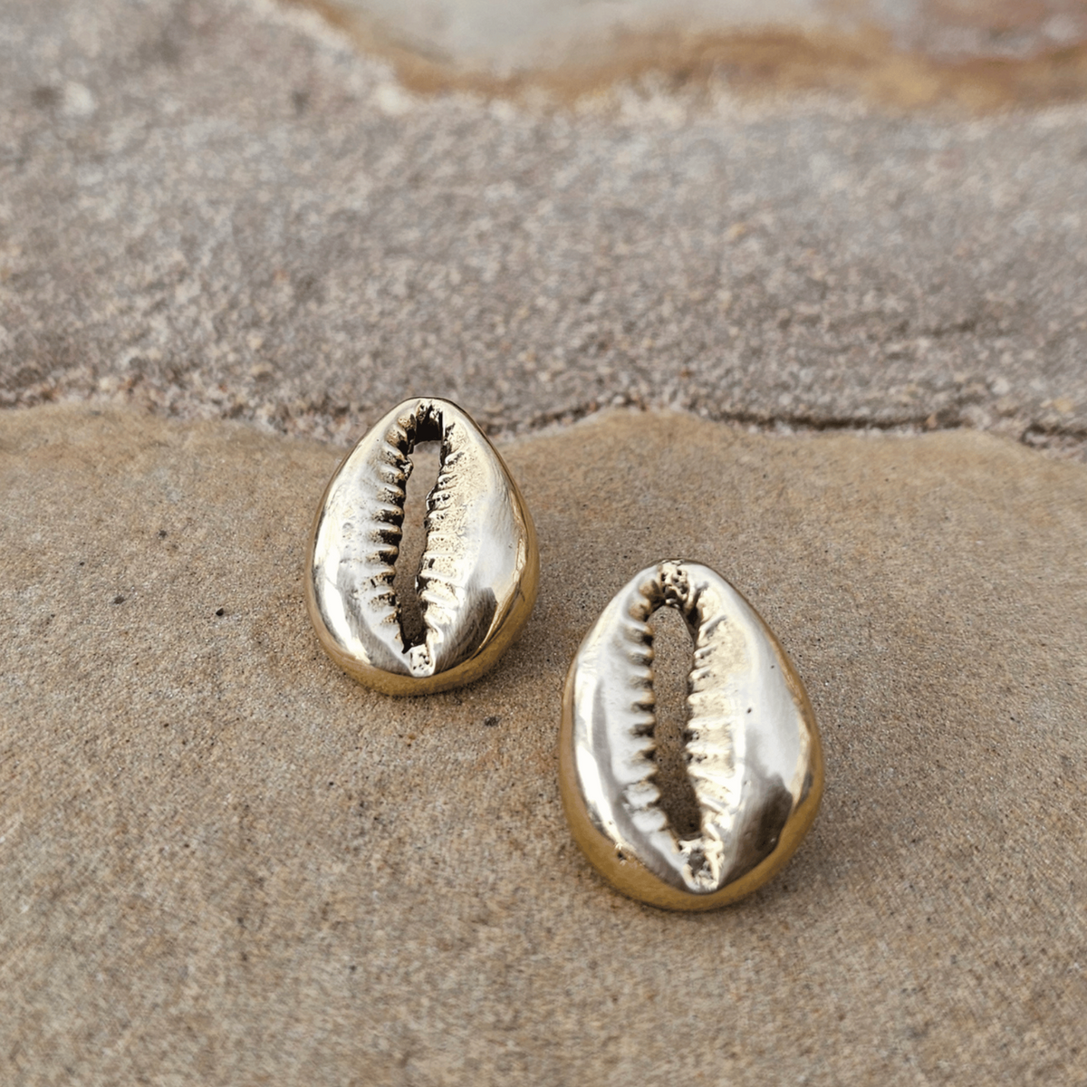 Two metallic cowrie shell stud earrings resting on a textured stone surface. Shop Kamawe