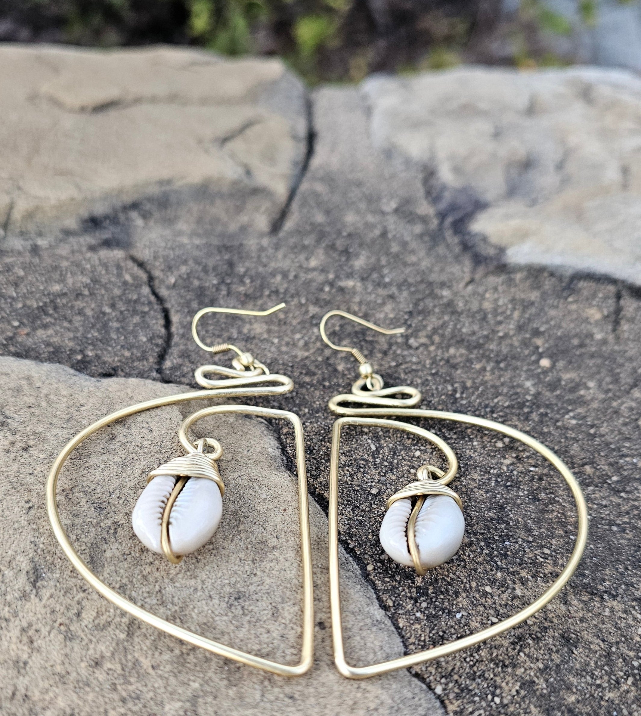 Curved Cowrie Shell Brass Earrings
