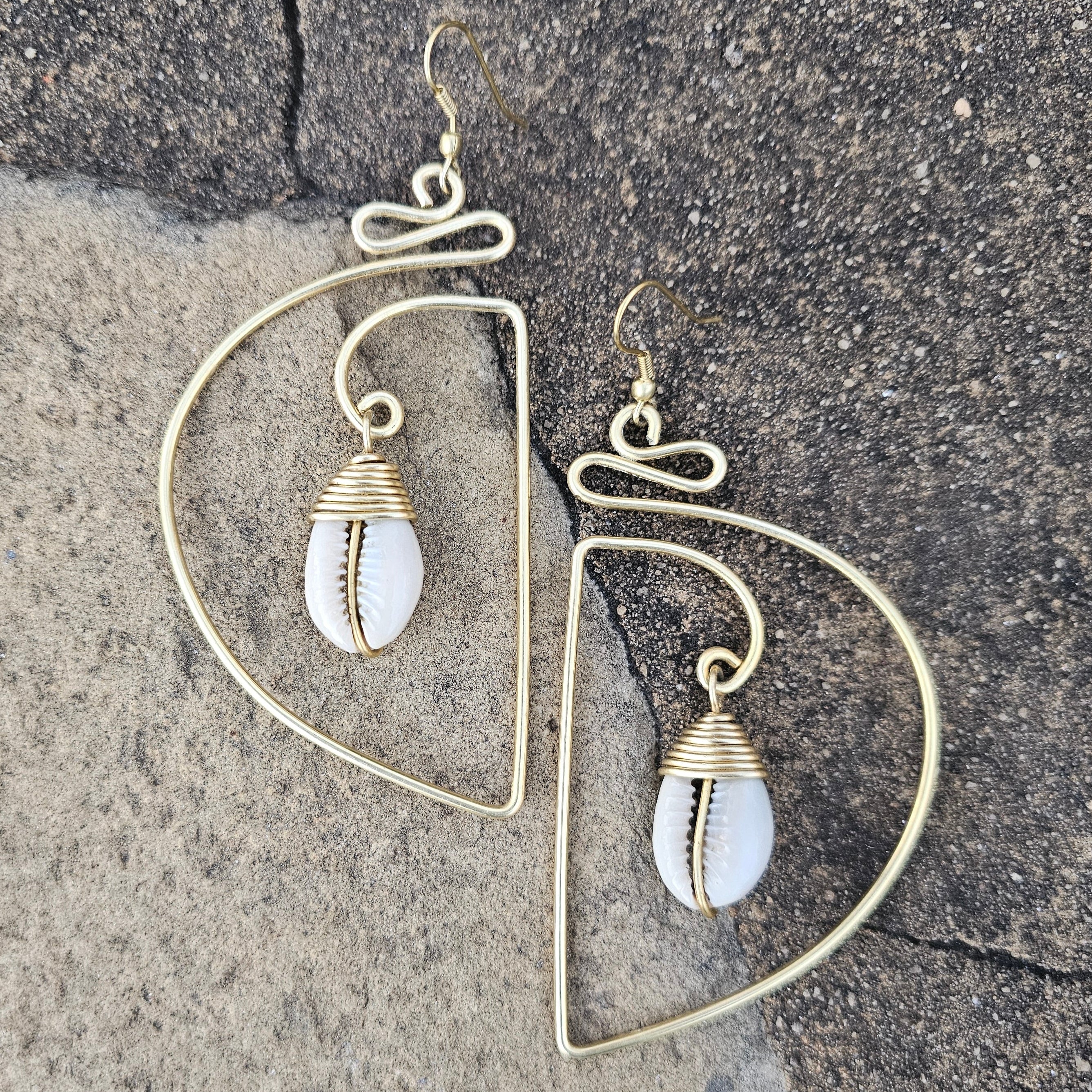 Curved Cowrie Shell Brass Earrings