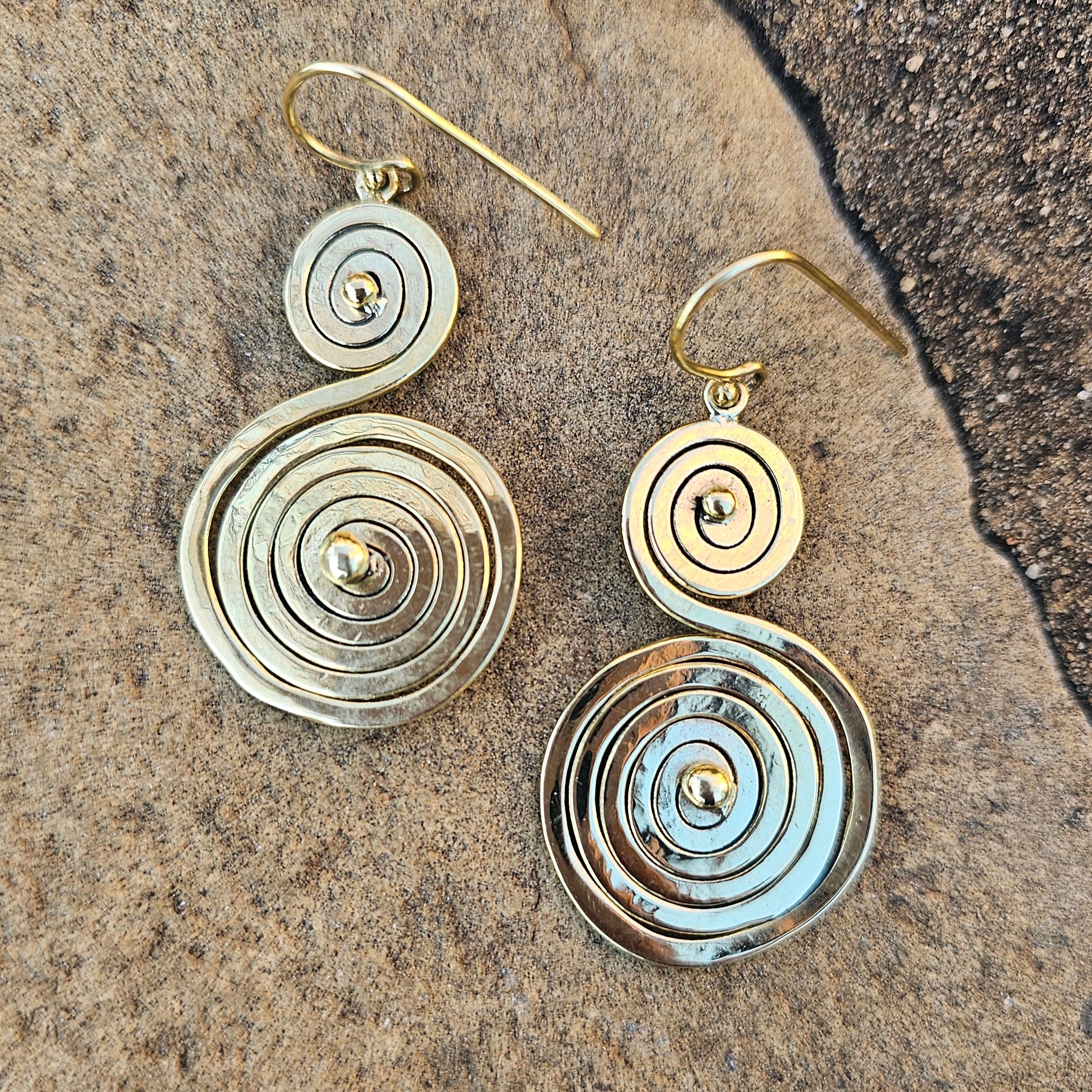Double Spiral Drop Brass Earrings
