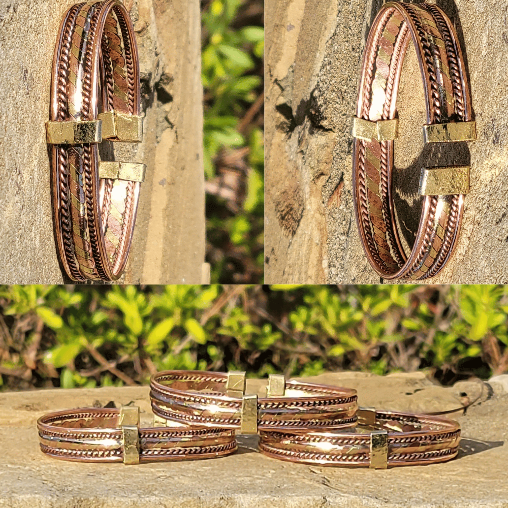 Collage image of Interwoven flat twist of brass and copper. Shop Kamawe