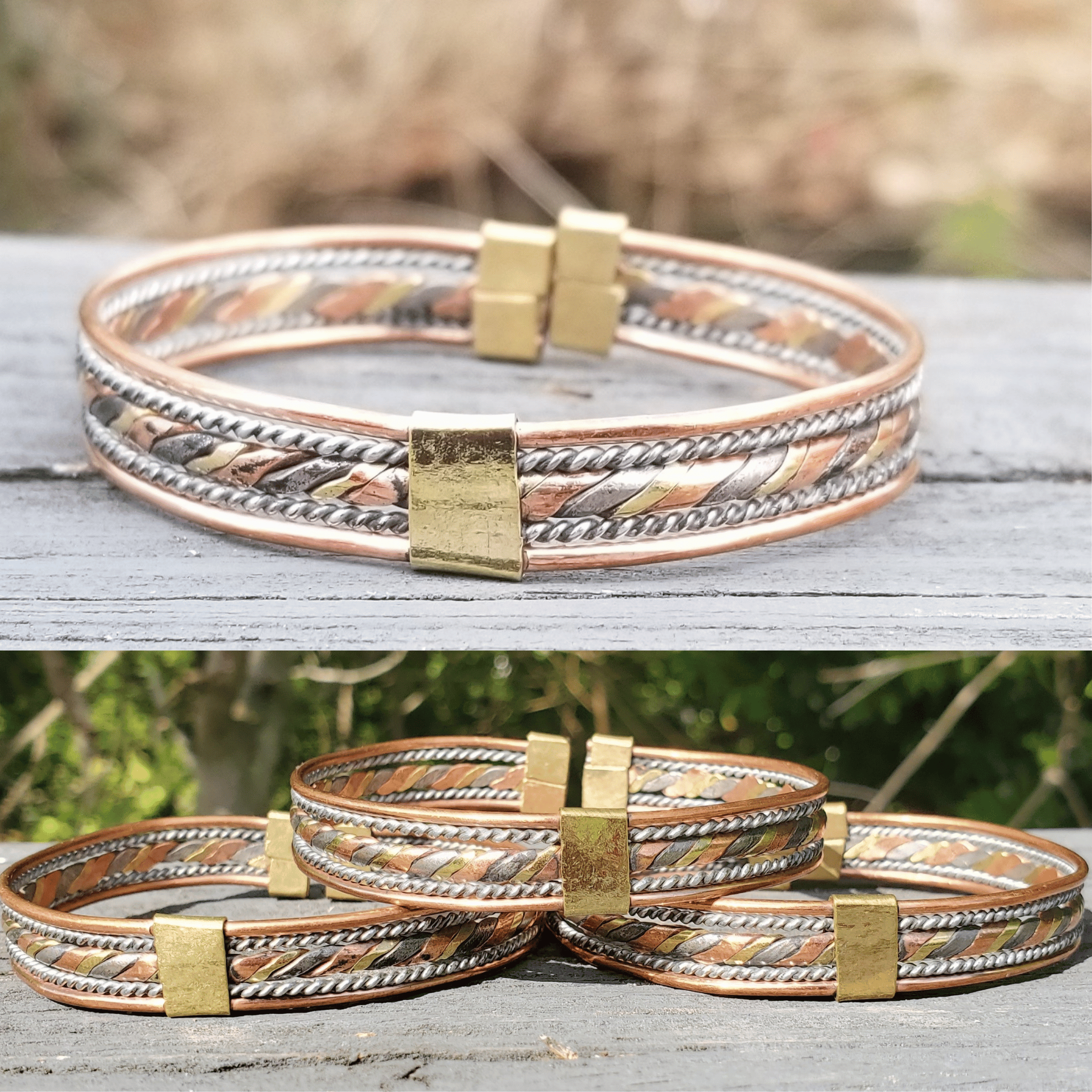 A collage of Flattened twist combining different metallic tones. Shop Kamawe