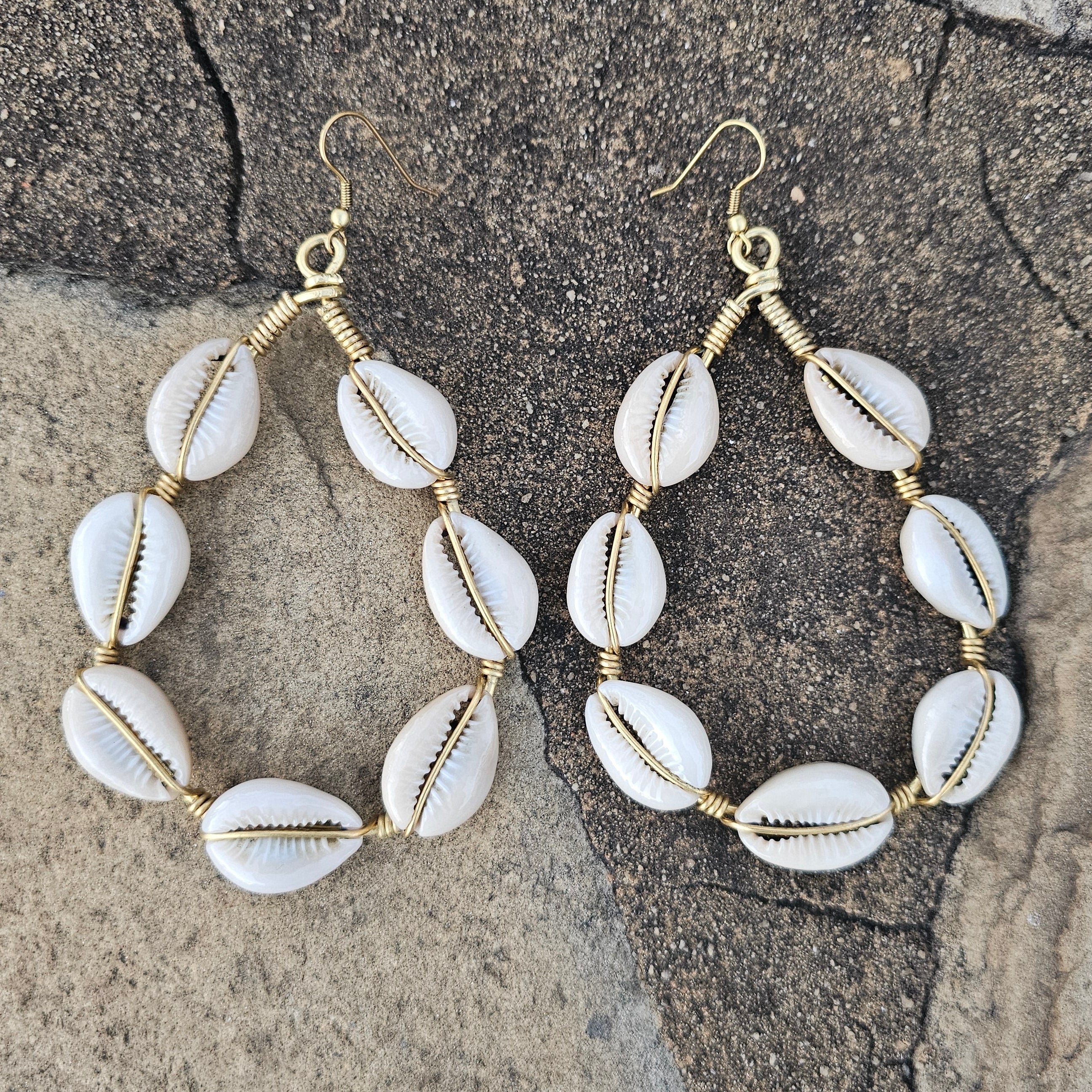 Full Cowrie Shell Teardrop Brass Earrings