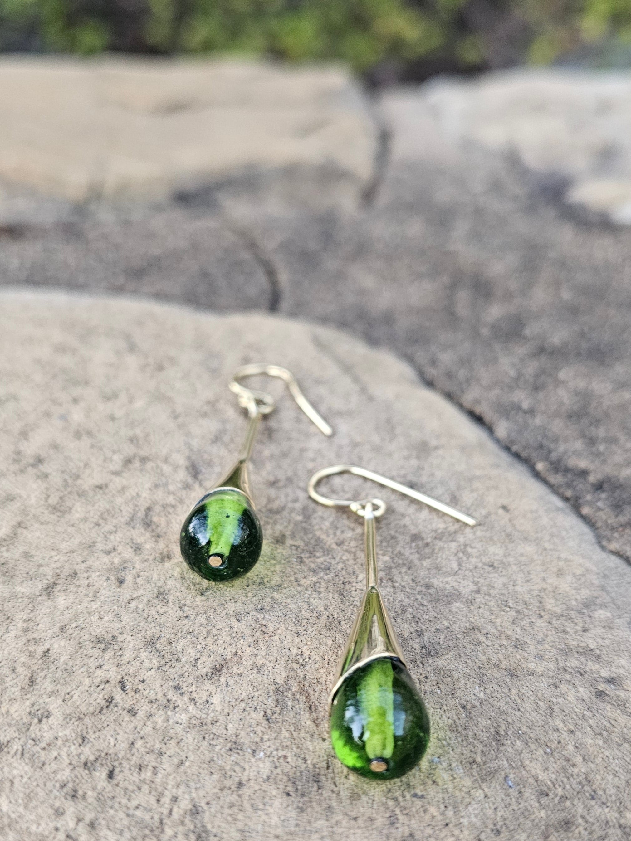 Green Glass & Brass Raindrop Threader Earrings