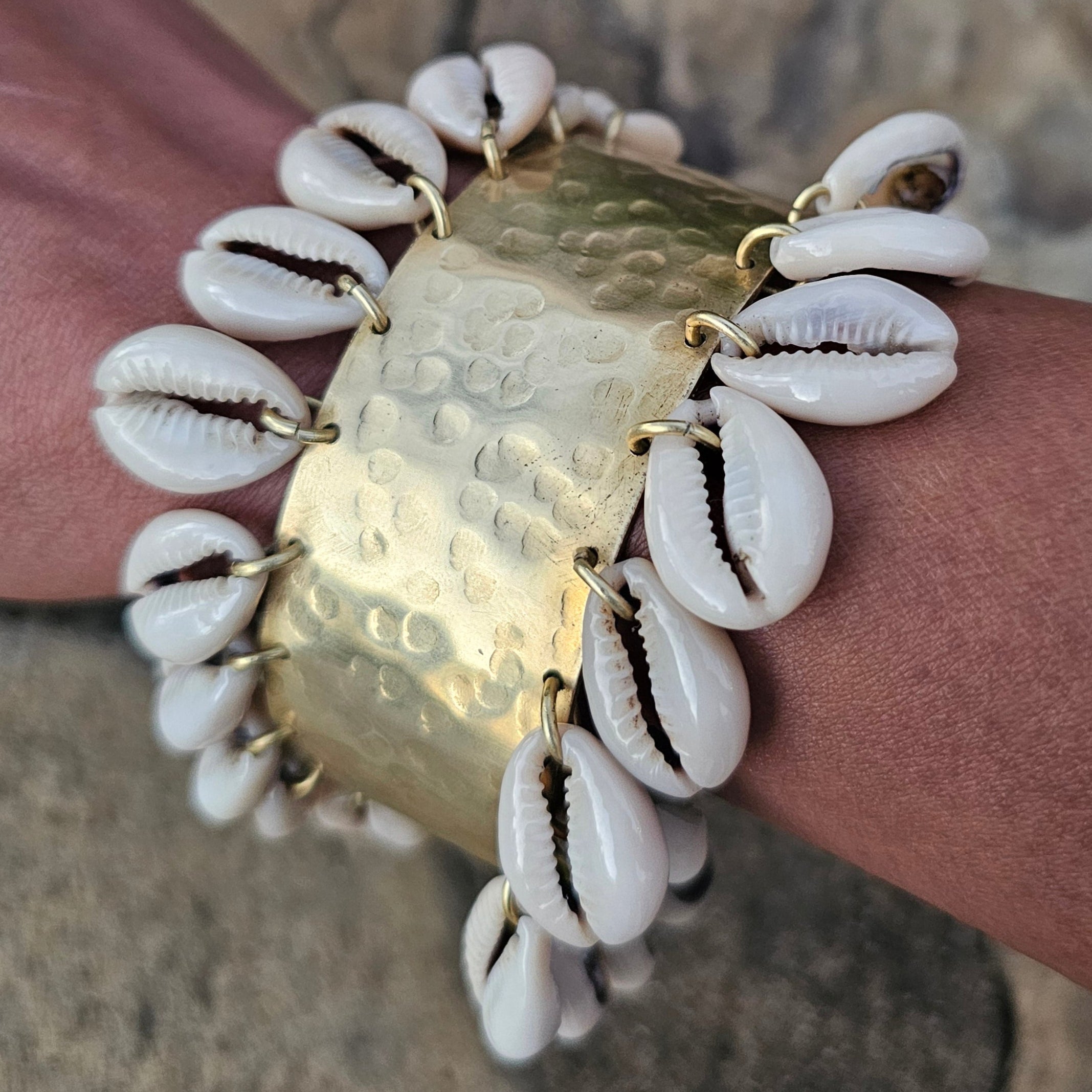 Hammered Cowrie Shell Brass Cuff
