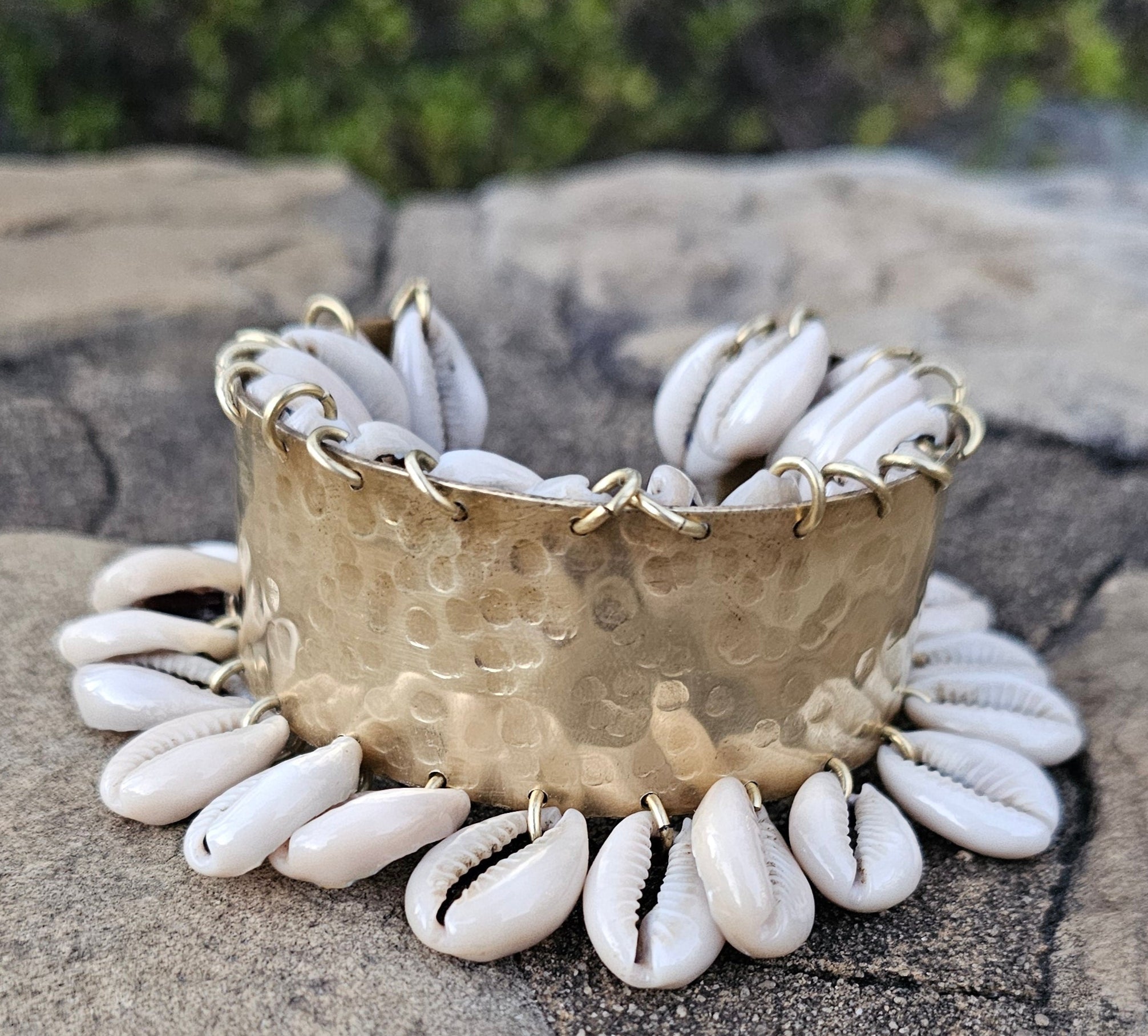 Hammered Cowrie Shell Brass Cuff