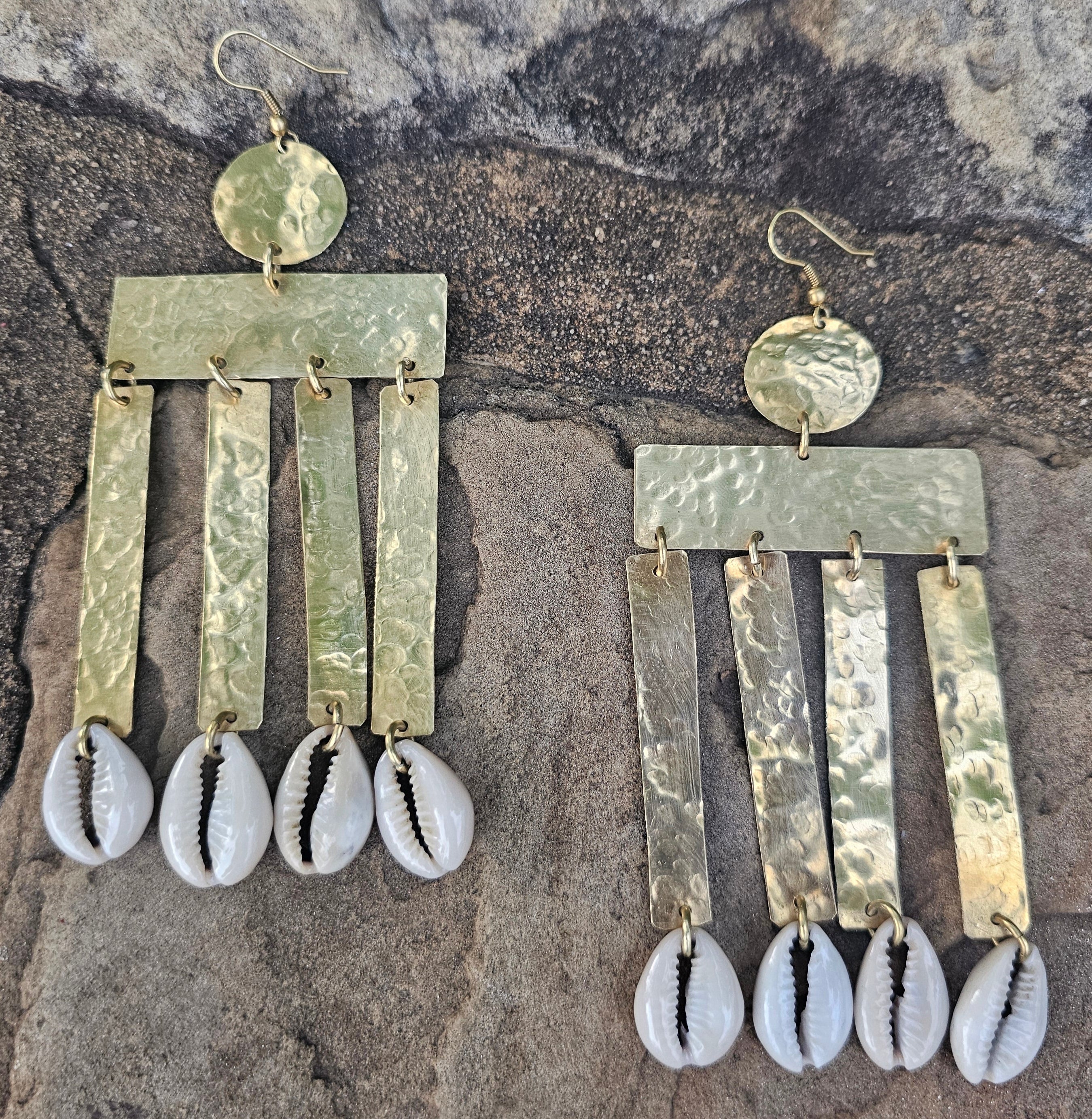 Hammered Cowrie Shell Column Brass Earrings