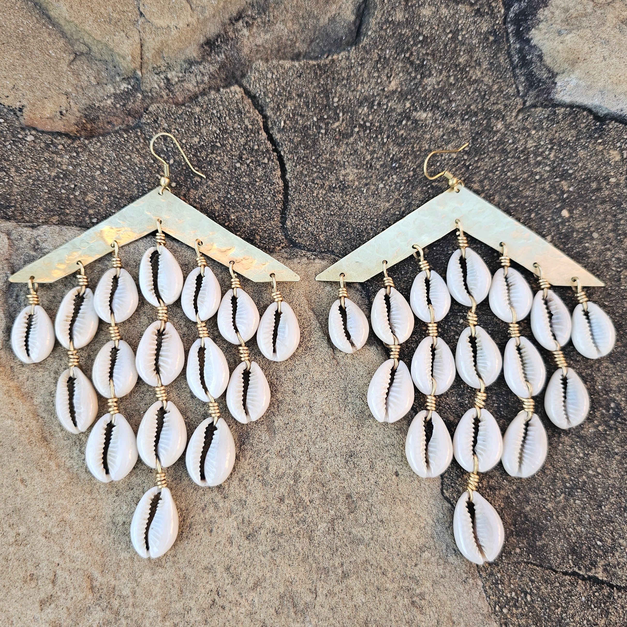 Hammered Cowrie Shell Waterfall Brass Earrings