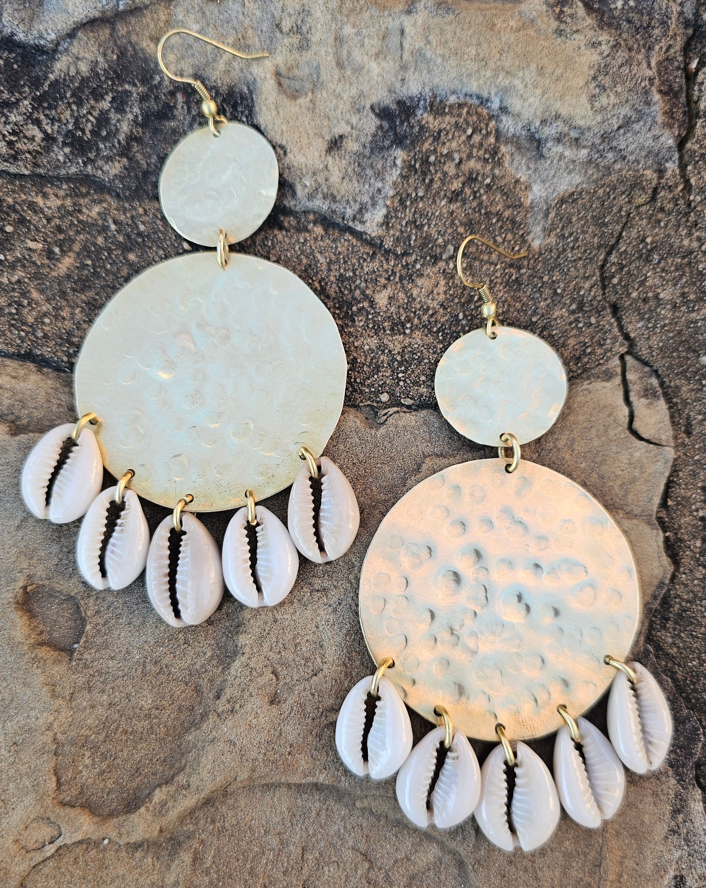 Hammered Double Circle Cowrie Shell Brass Earrings