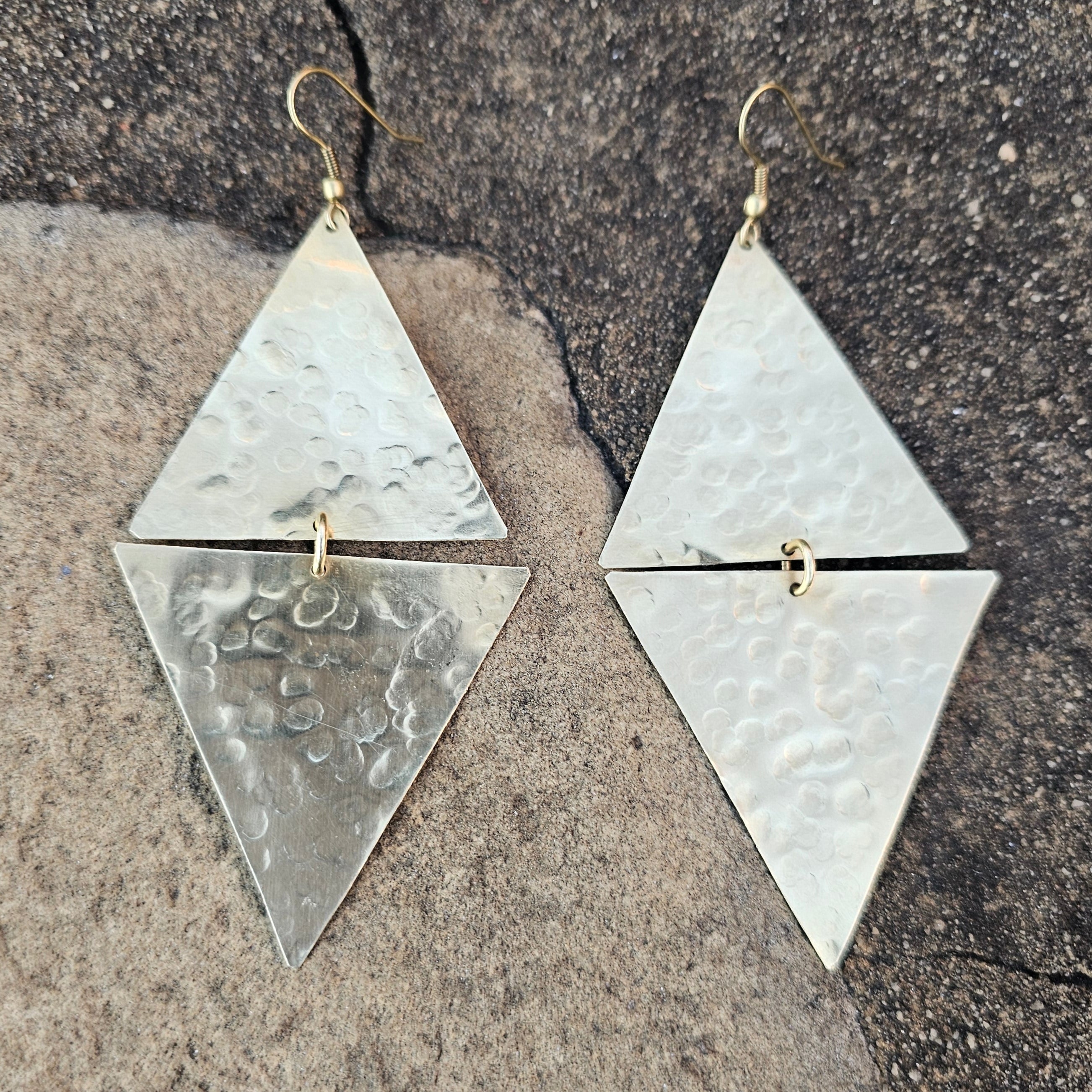 Hammered Double Triangle Brass Earrings
