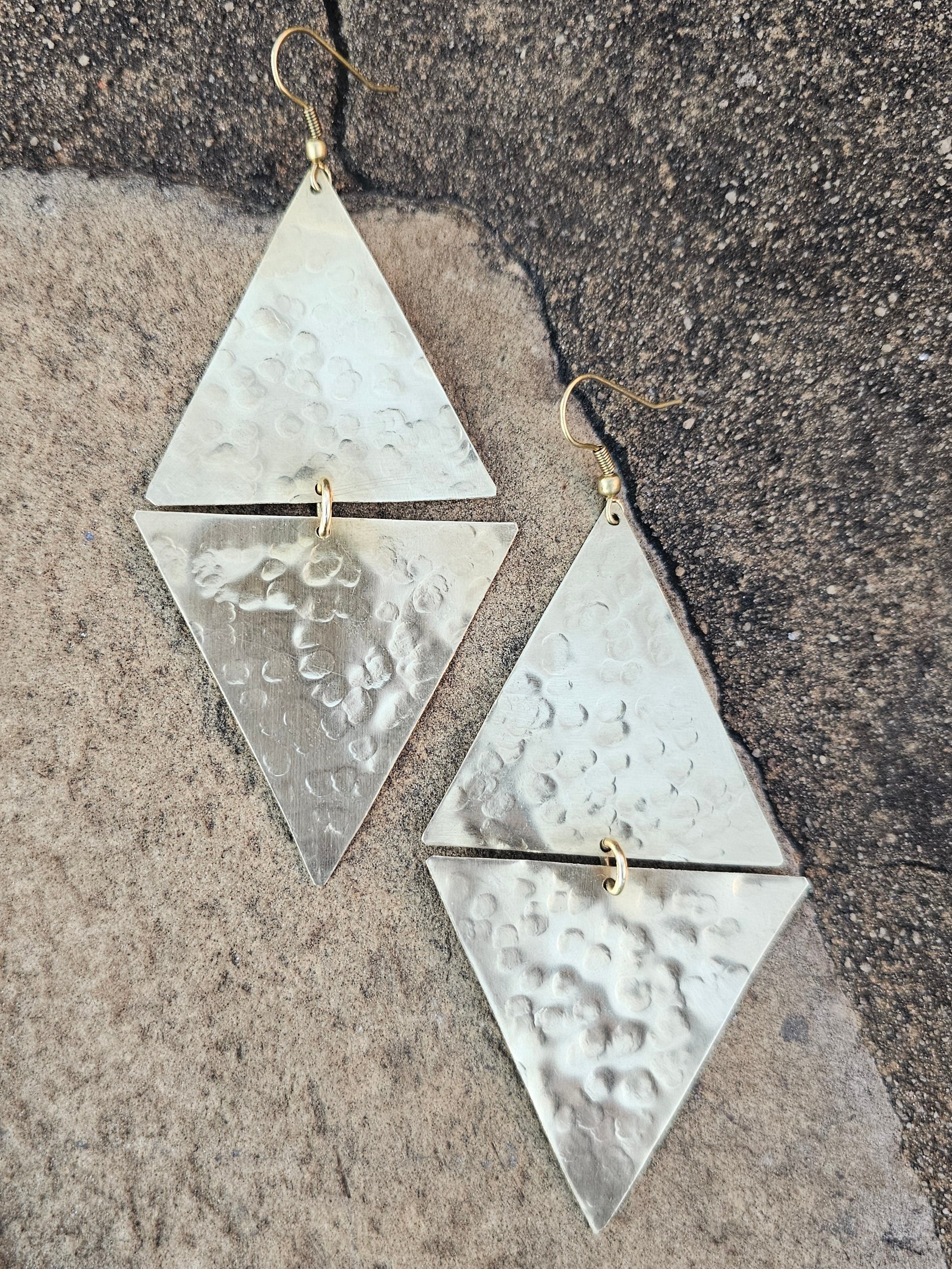 Hammered Double Triangle Brass Earrings