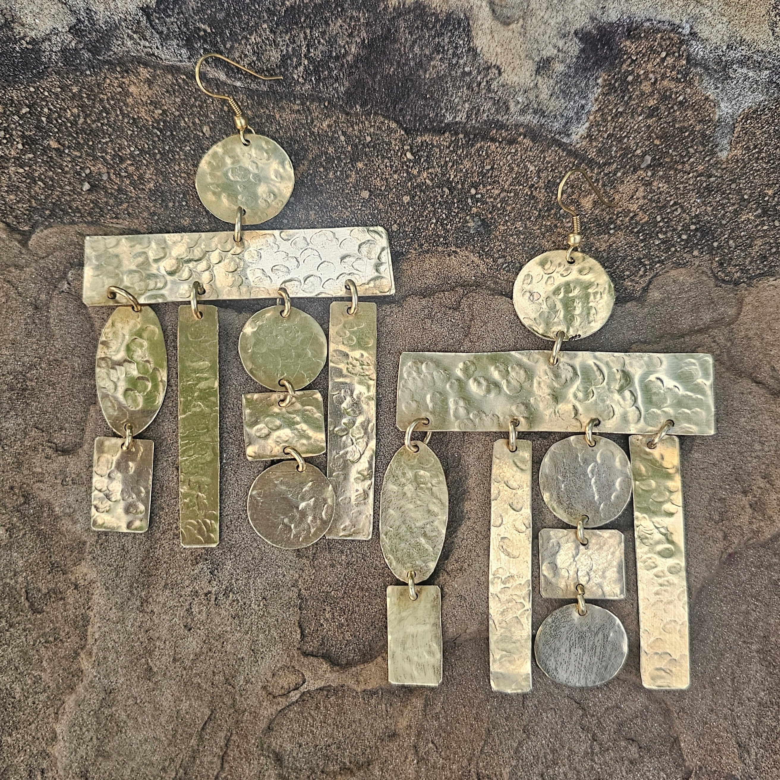 Hammered Puzzle Brass Earrings