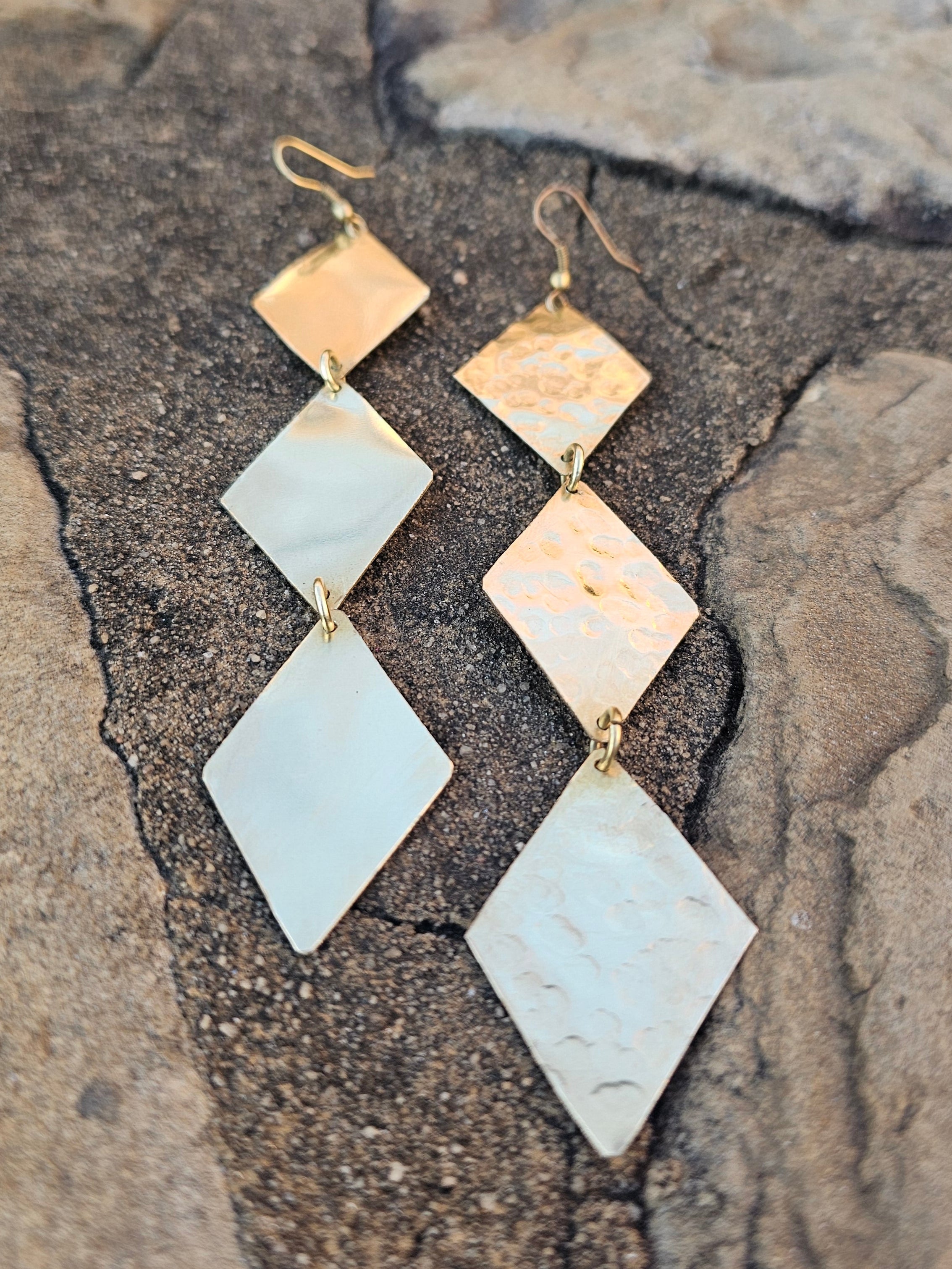 Hammered Triple Diamond Brass Earrings