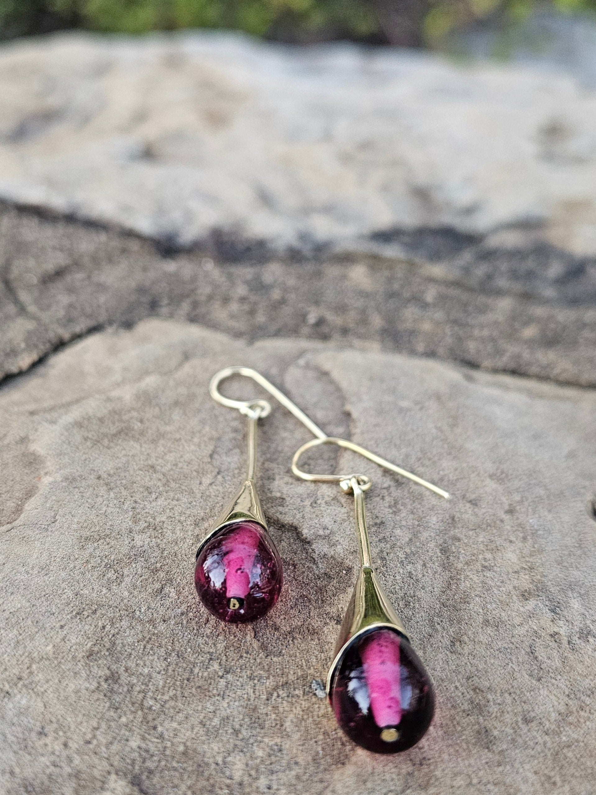 Purple Glass & Brass Raindrop Threader Earrings