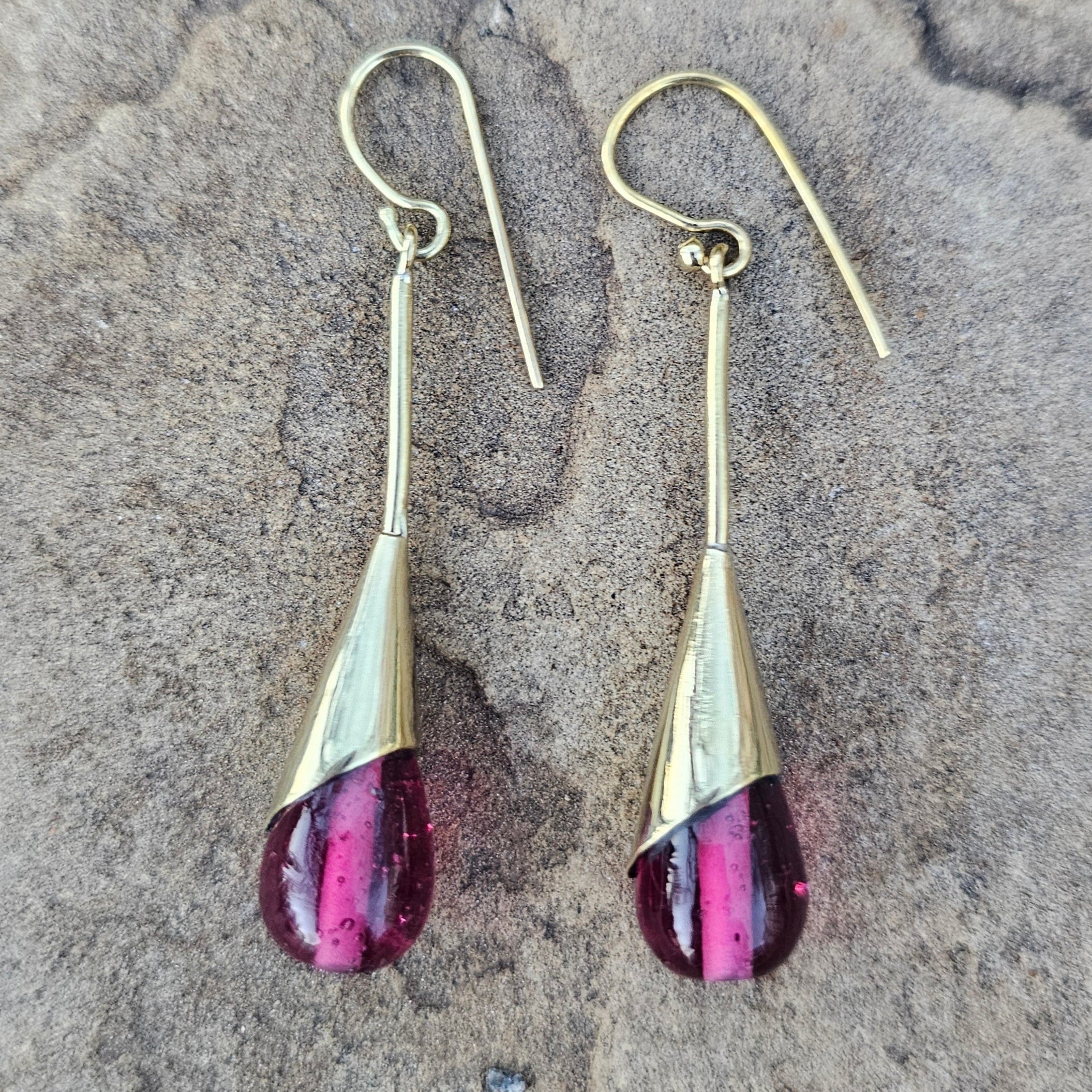 Purple Glass & Brass Raindrop Threader Earrings