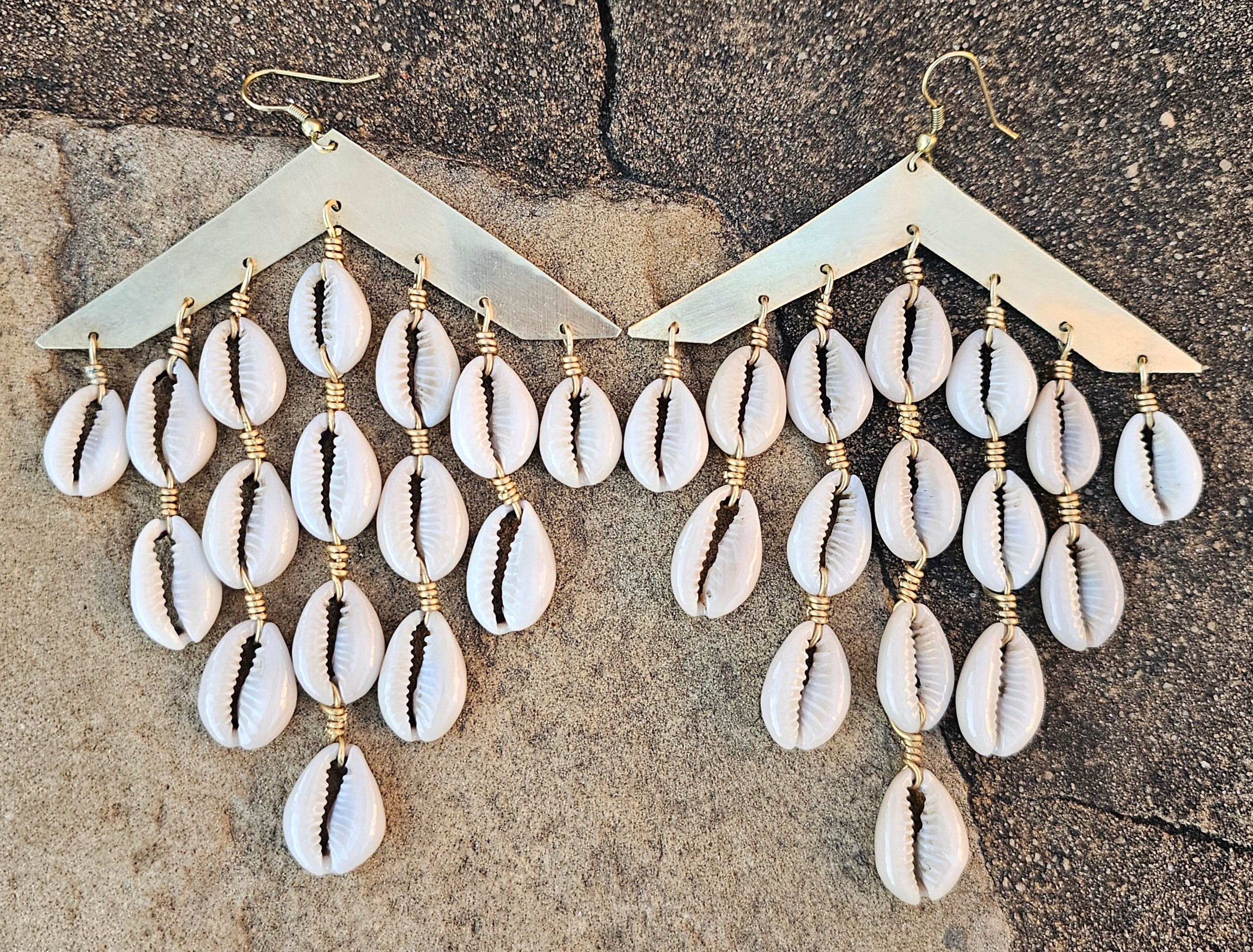 Smooth Cowrie Shell Waterfall Brass Earrings