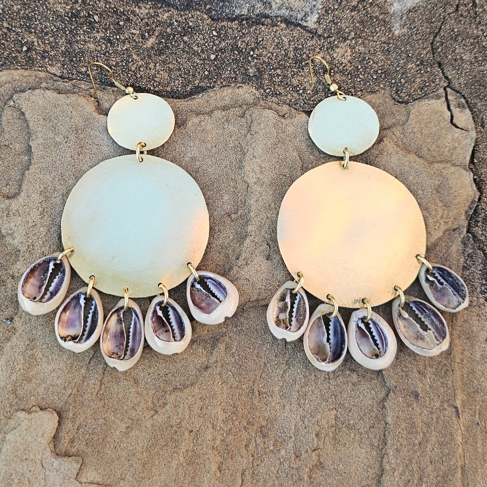 Smooth Double Circle Cowrie Shell Brass Earrings