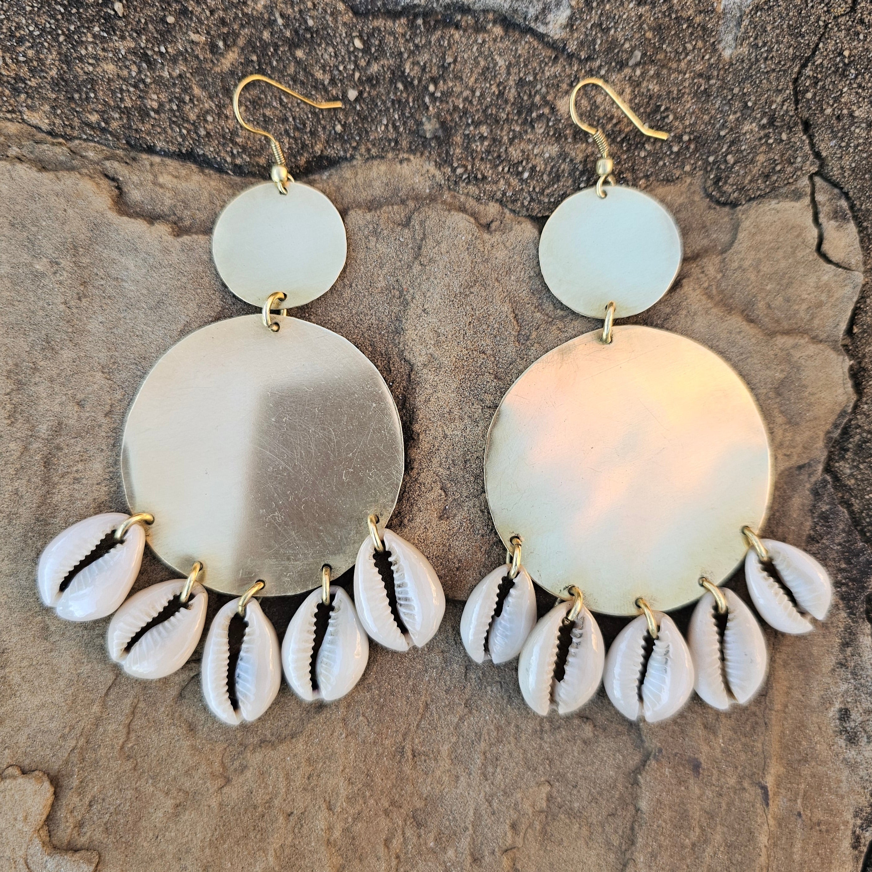 Smooth Double Circle Cowrie Shell Brass Earrings