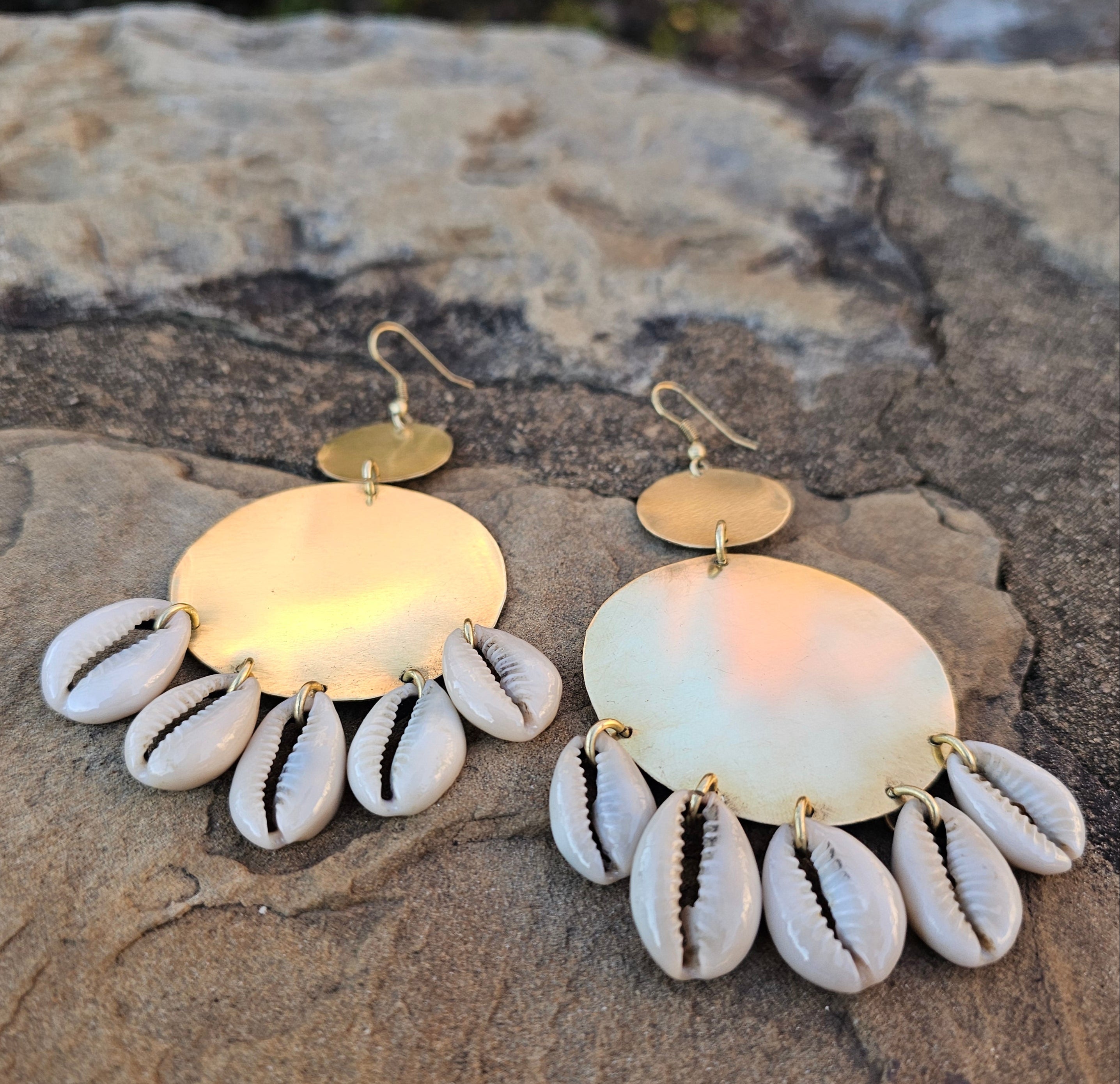 Smooth Double Circle Cowrie Shell Brass Earrings