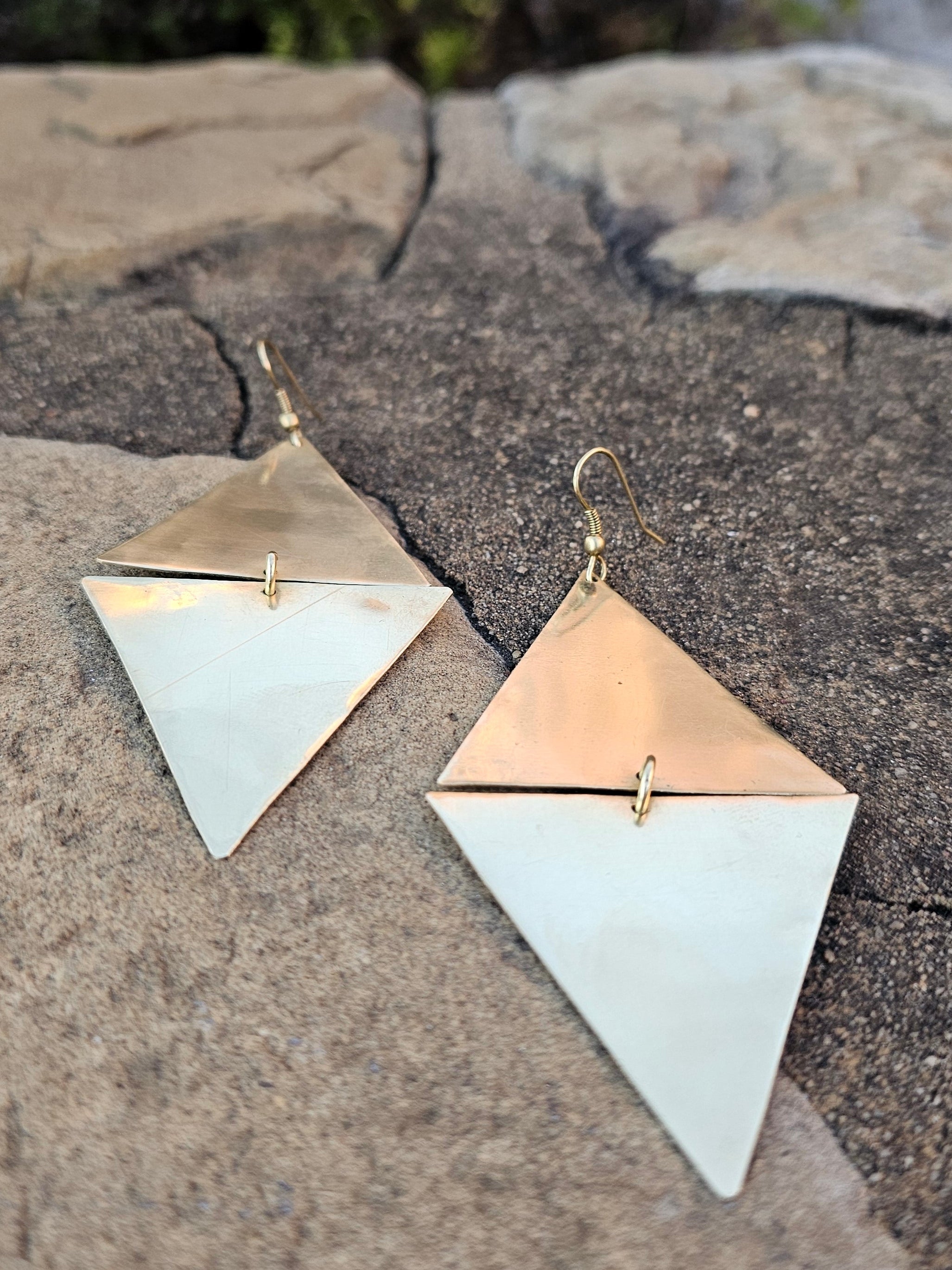 Smooth Double Triangle Brass Earrings