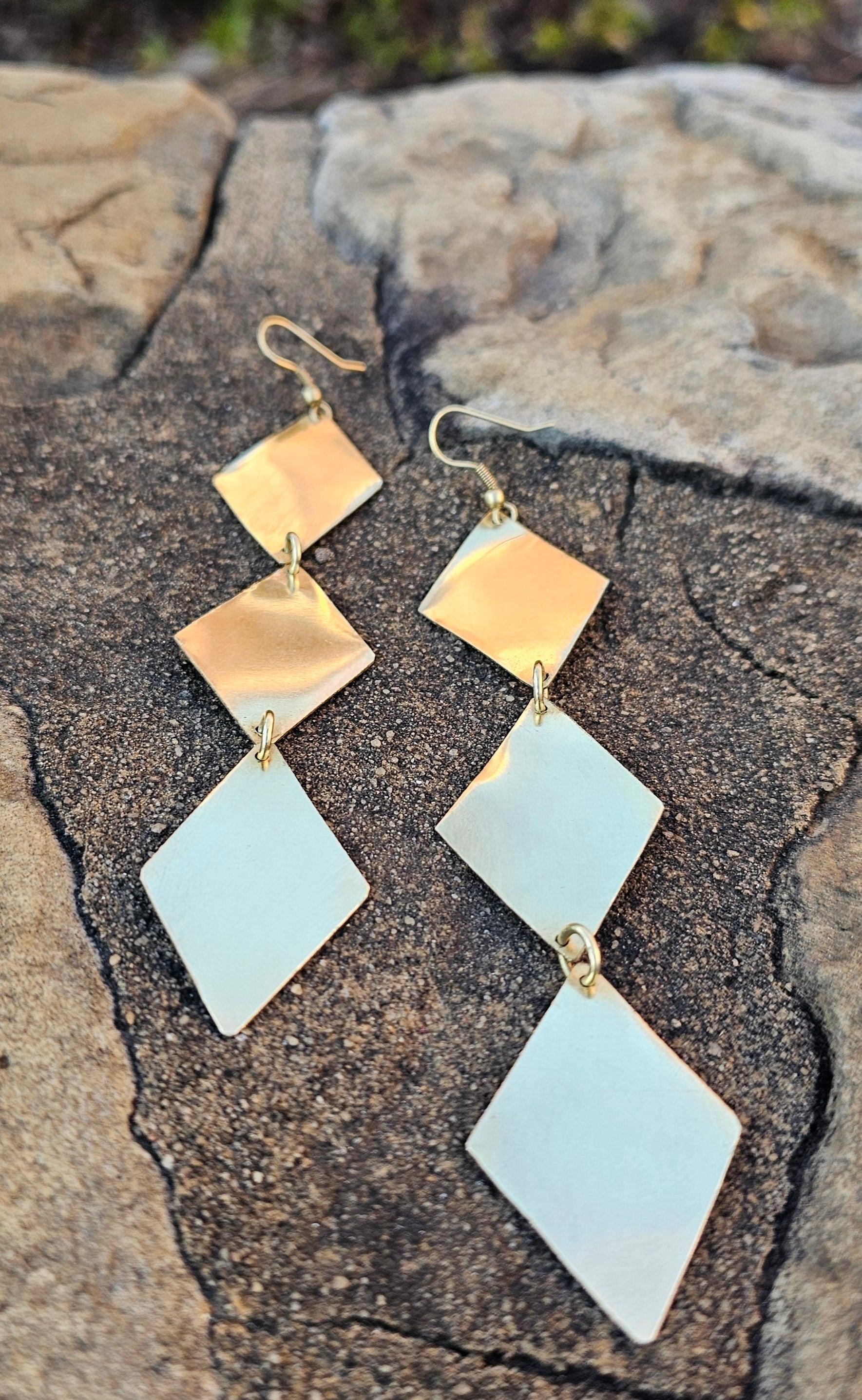 Smooth Triple Diamond Brass Earrings
