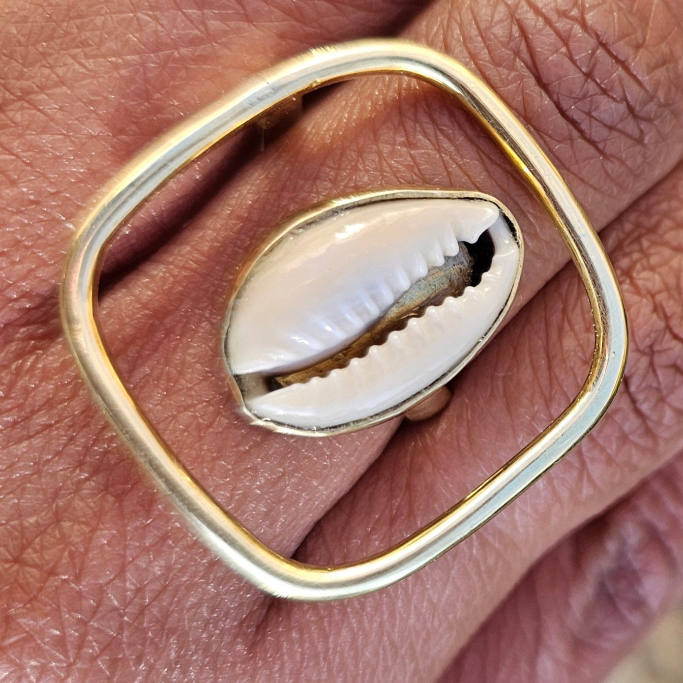 Square Cowrie Shell Adjustable Brass Ring