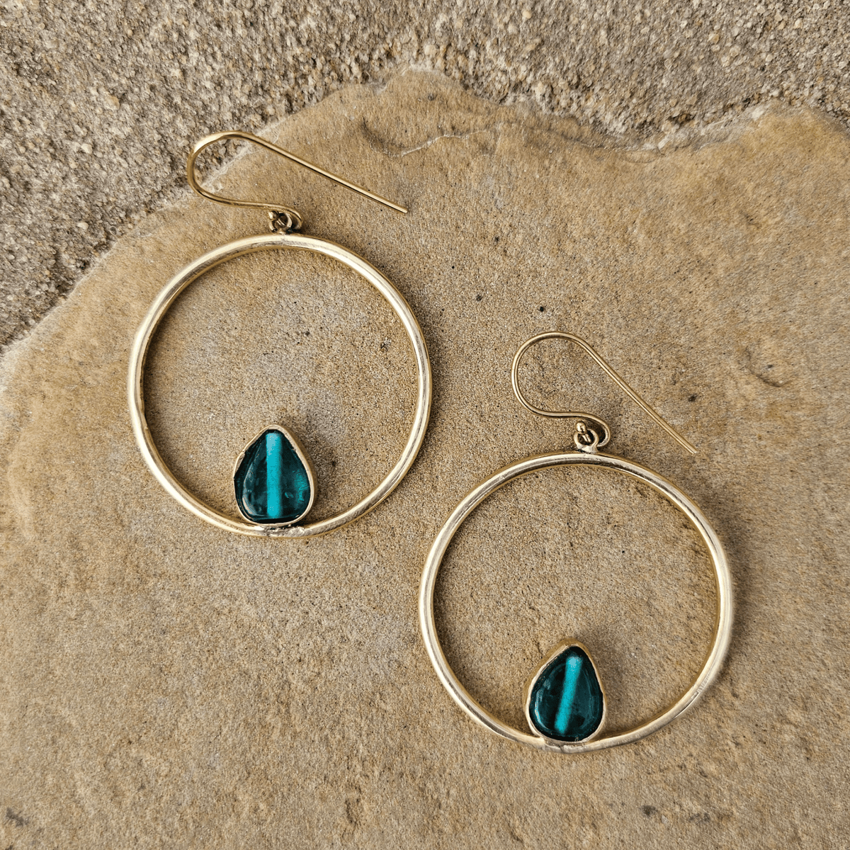Teal Glass and Brass Hoop Earrings