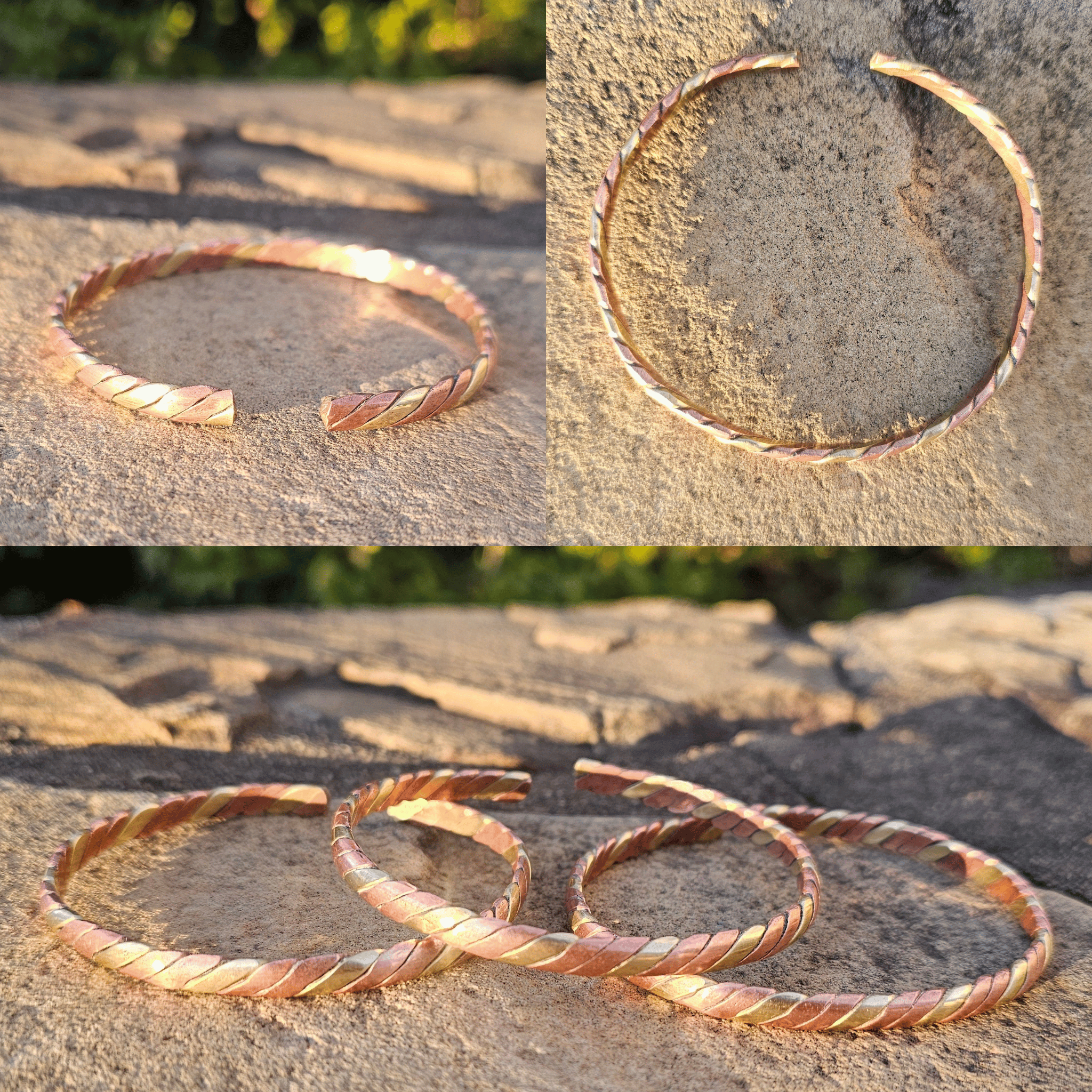 Three twisted metal bangles with a coppery rose-gold finish, displayed on a textured stone surface in a three-panel collage. Shop Kamawe