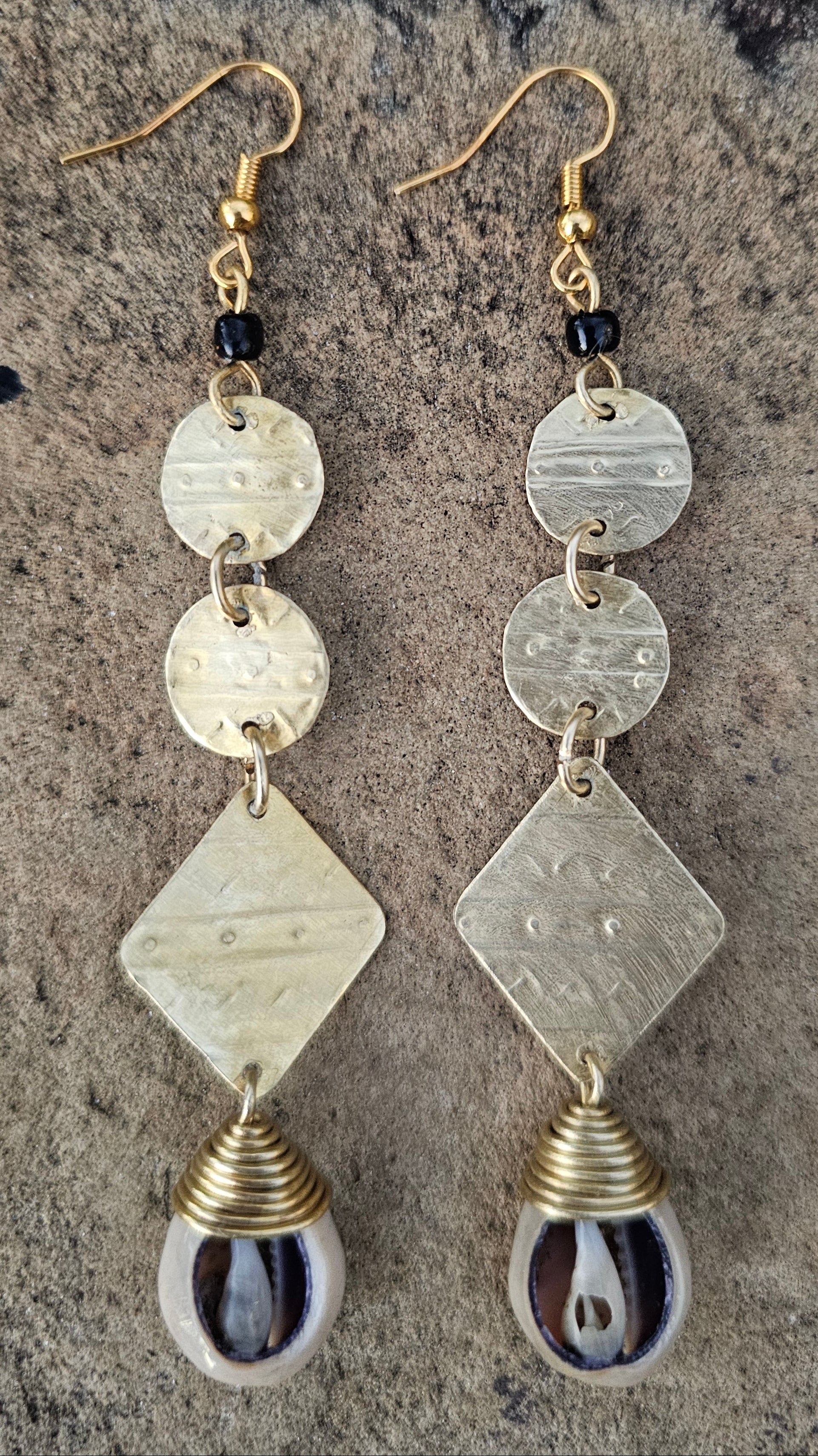 Tribal Brass & Cowrie Shell Drop Earrings