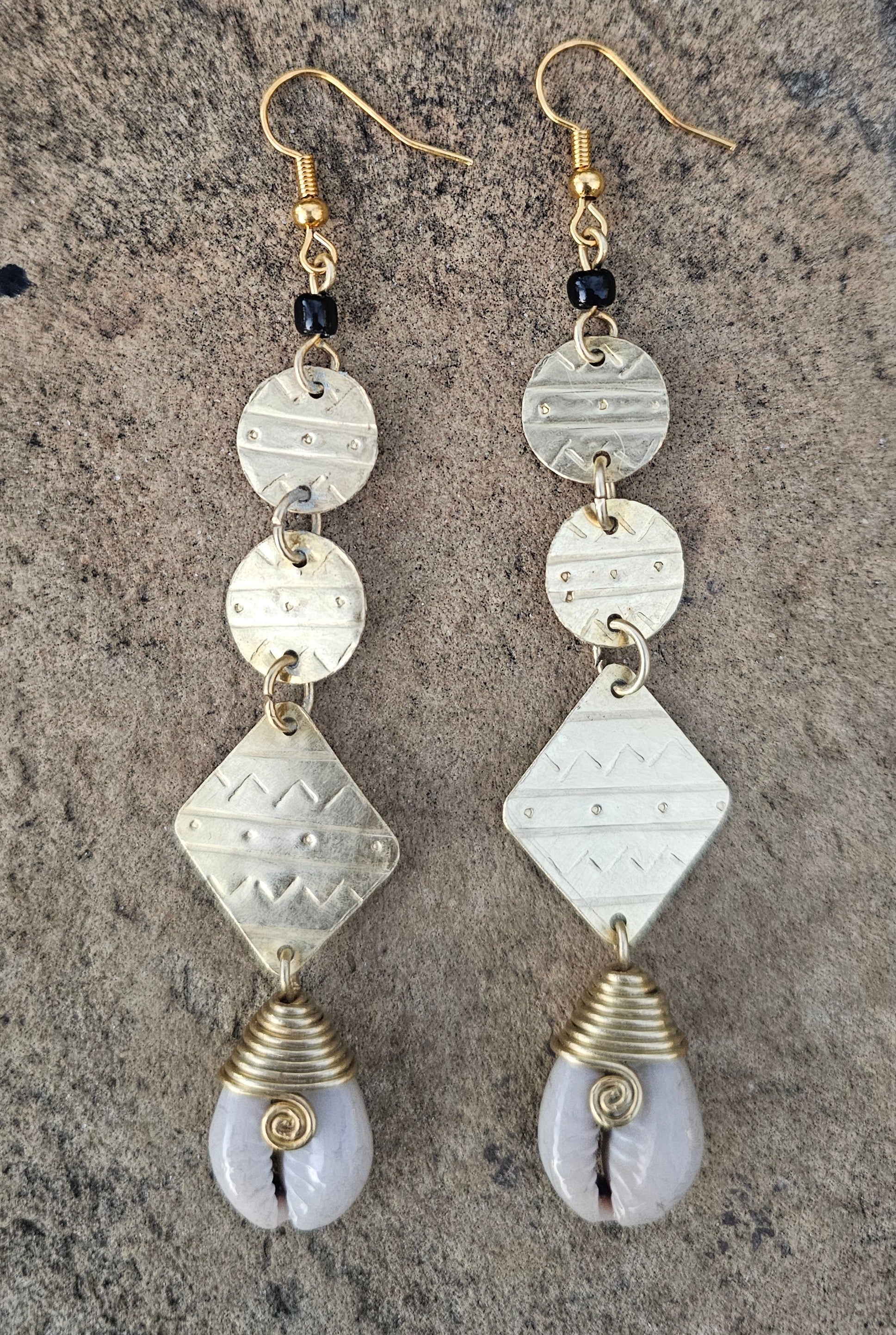 Tribal Brass & Cowrie Shell Drop Earrings