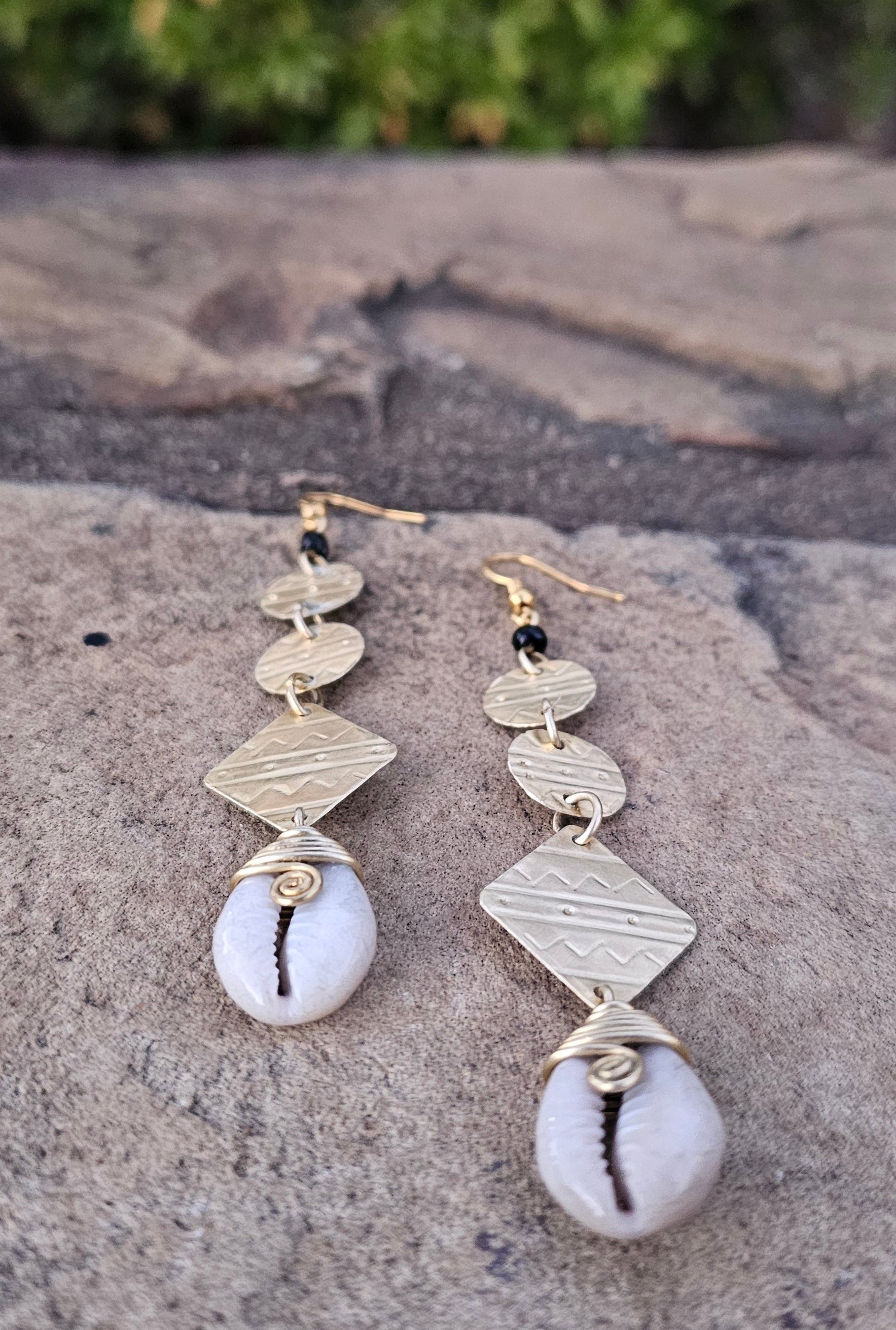 Tribal Brass & Cowrie Shell Drop Earrings