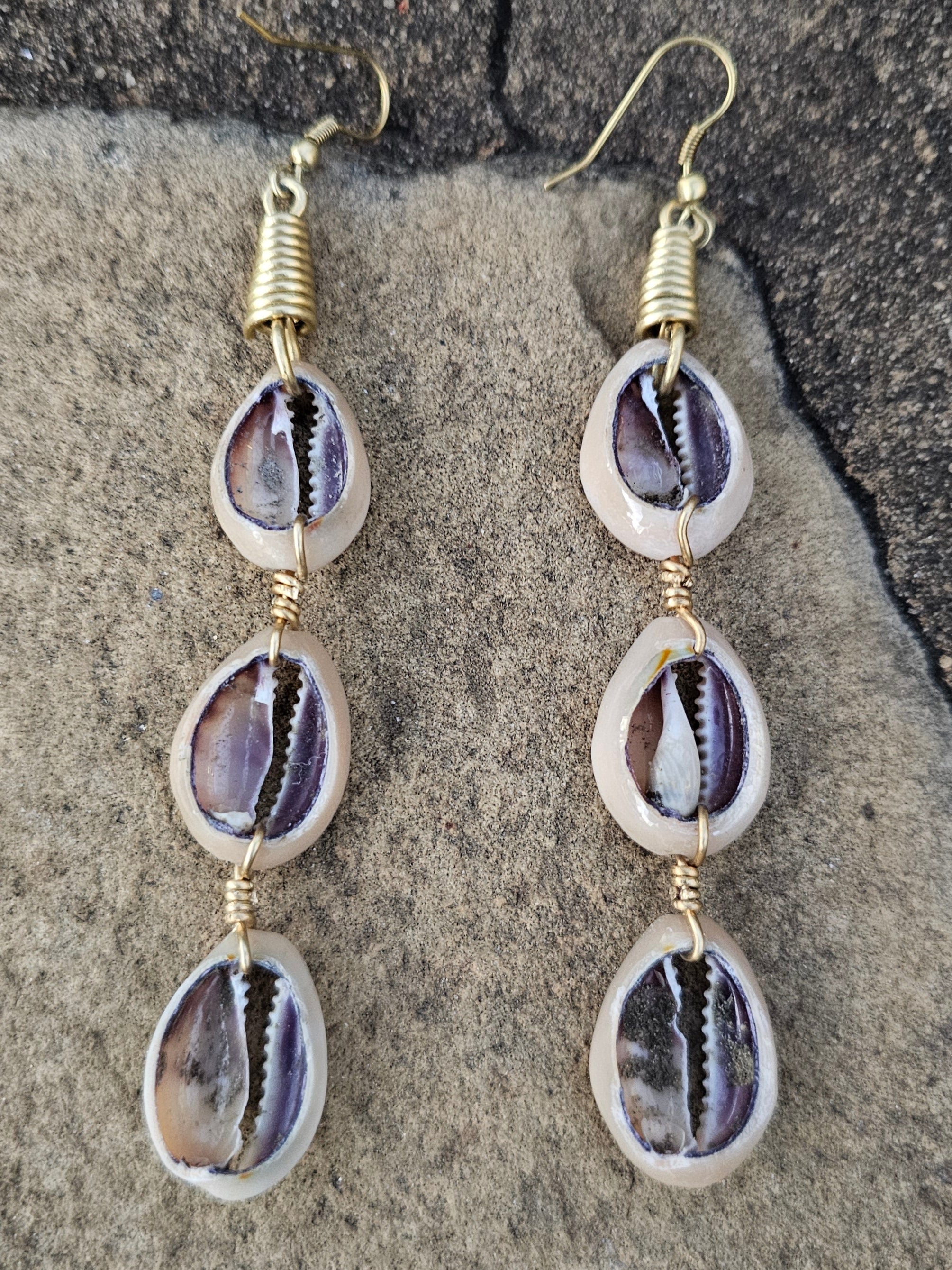 Triple Cowrie Shell Linear Earrings