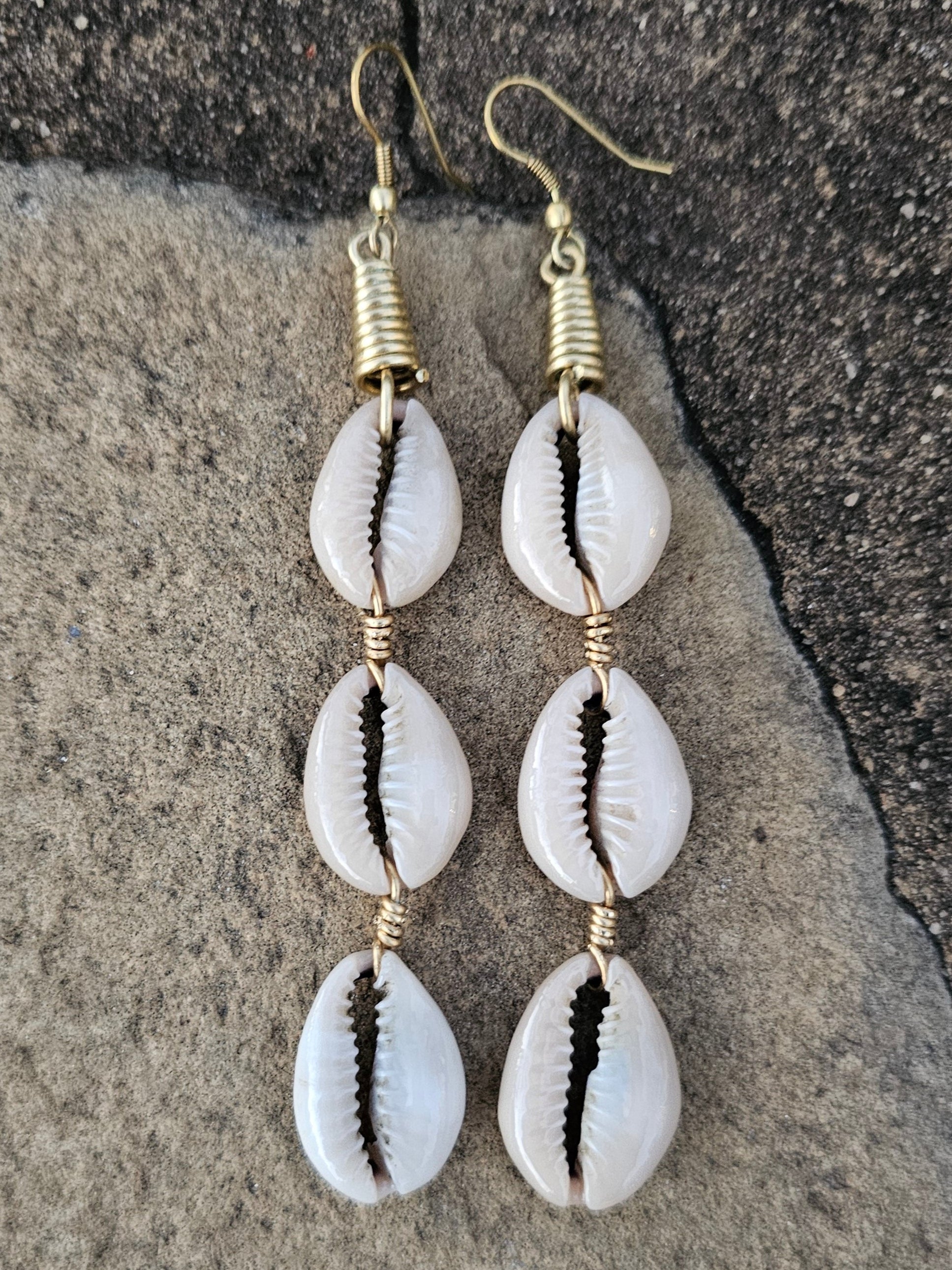 Triple Cowrie Shell Linear Earrings
