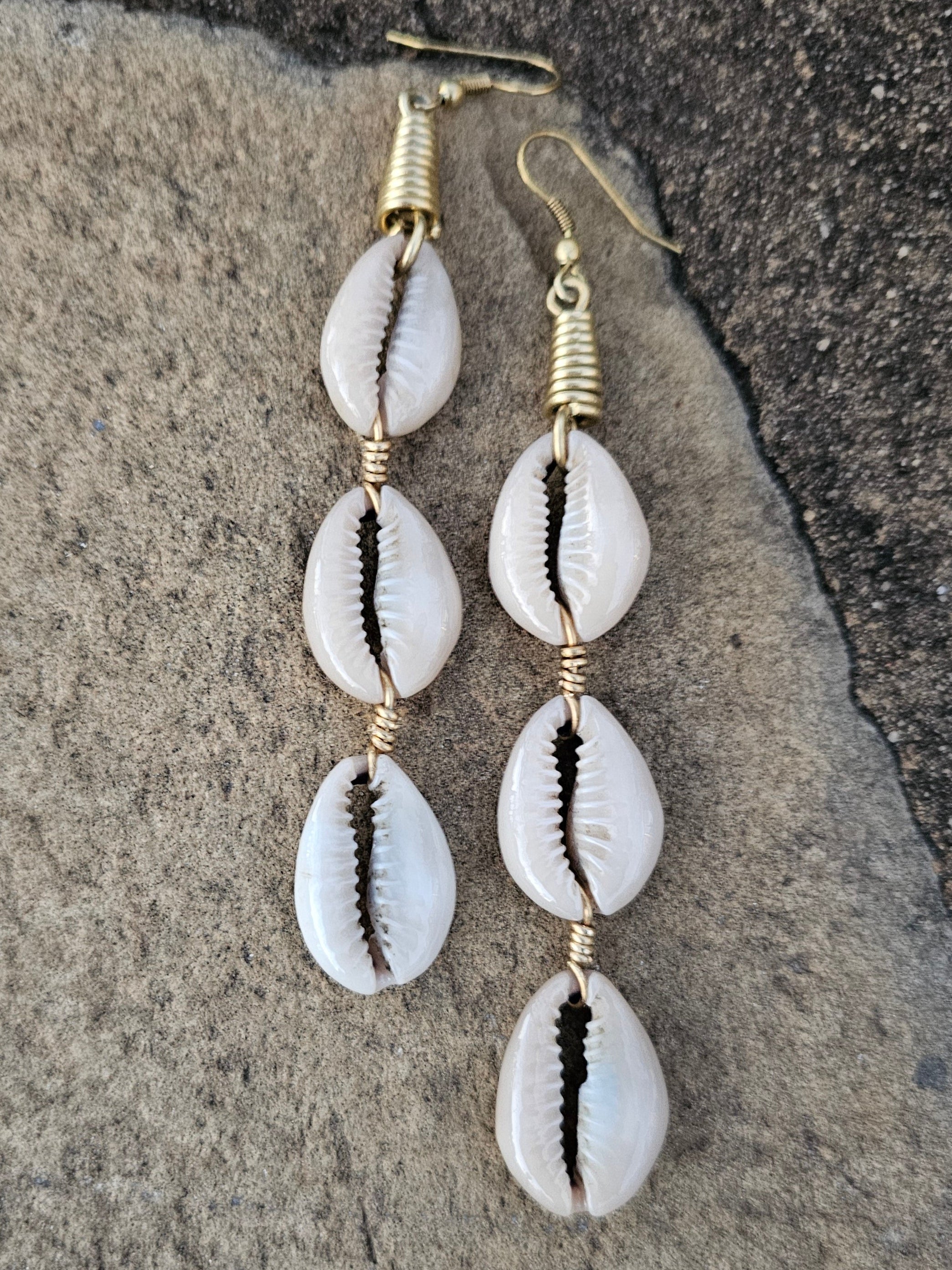 Triple Cowrie Shell Linear Earrings