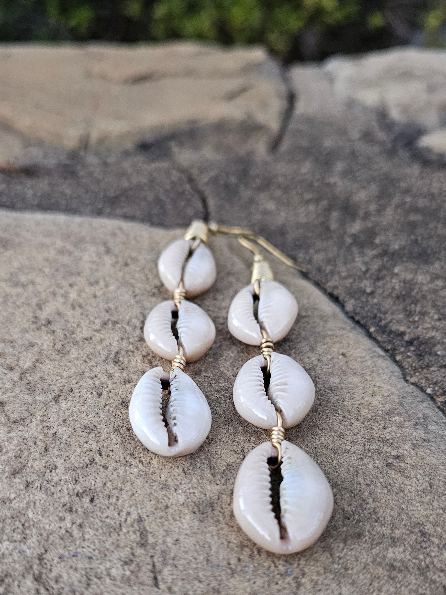 Triple Cowrie Shell Linear Earrings