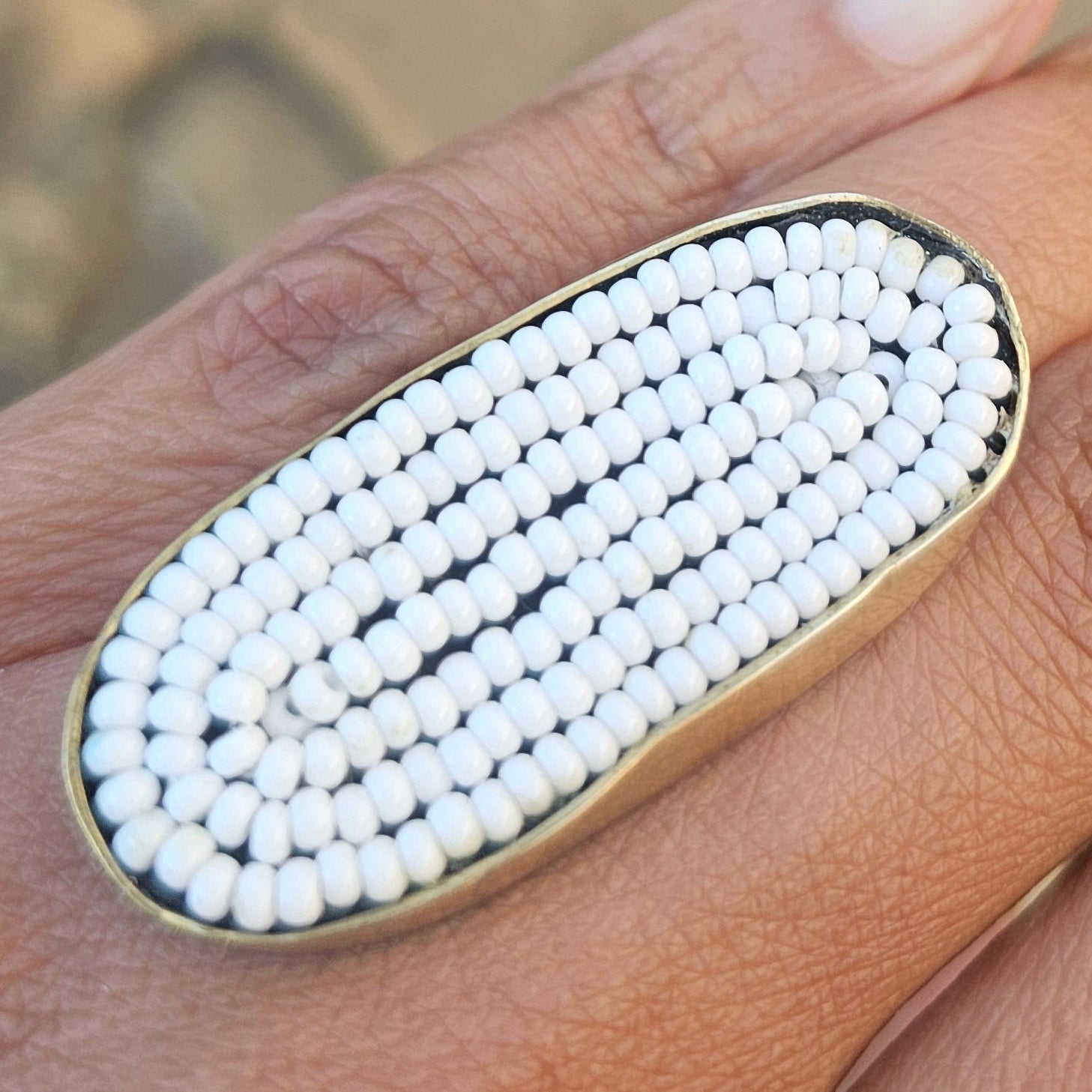 White Beaded Adjustable Brass Ring